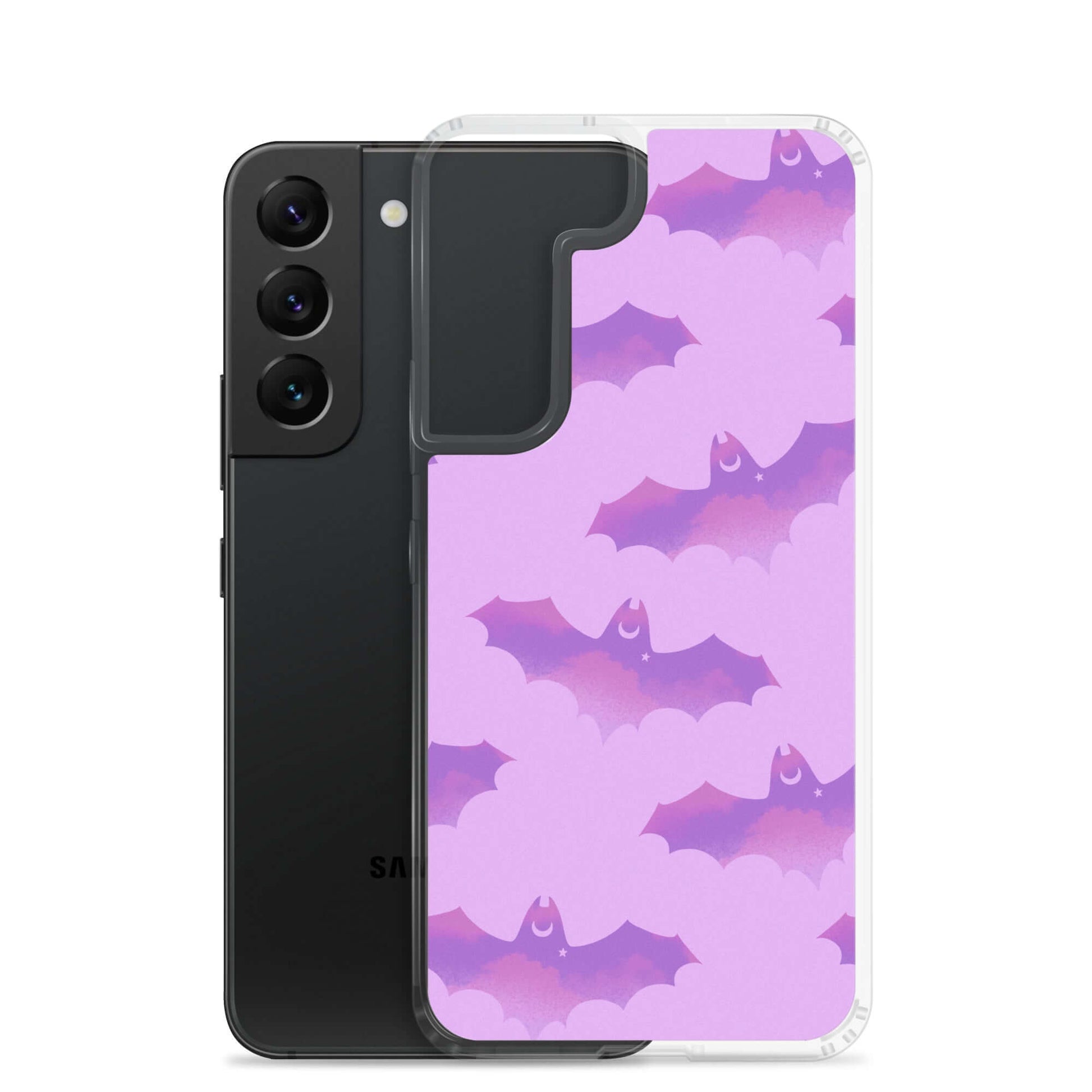 Stylish Aensland Samsung® Clear Case featuring playful bat design, perfect for protecting your phone outdoors.