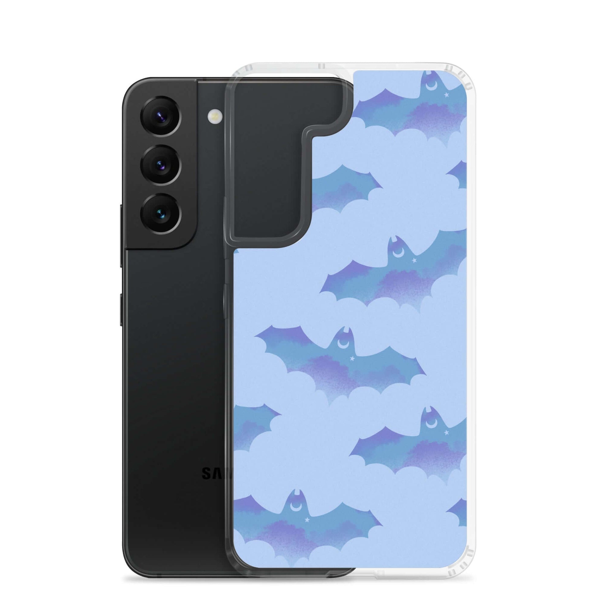 Stylish Lilith Samsung® Clear Case featuring playful bats, perfect for protecting your Galaxy S22 in any weather.
