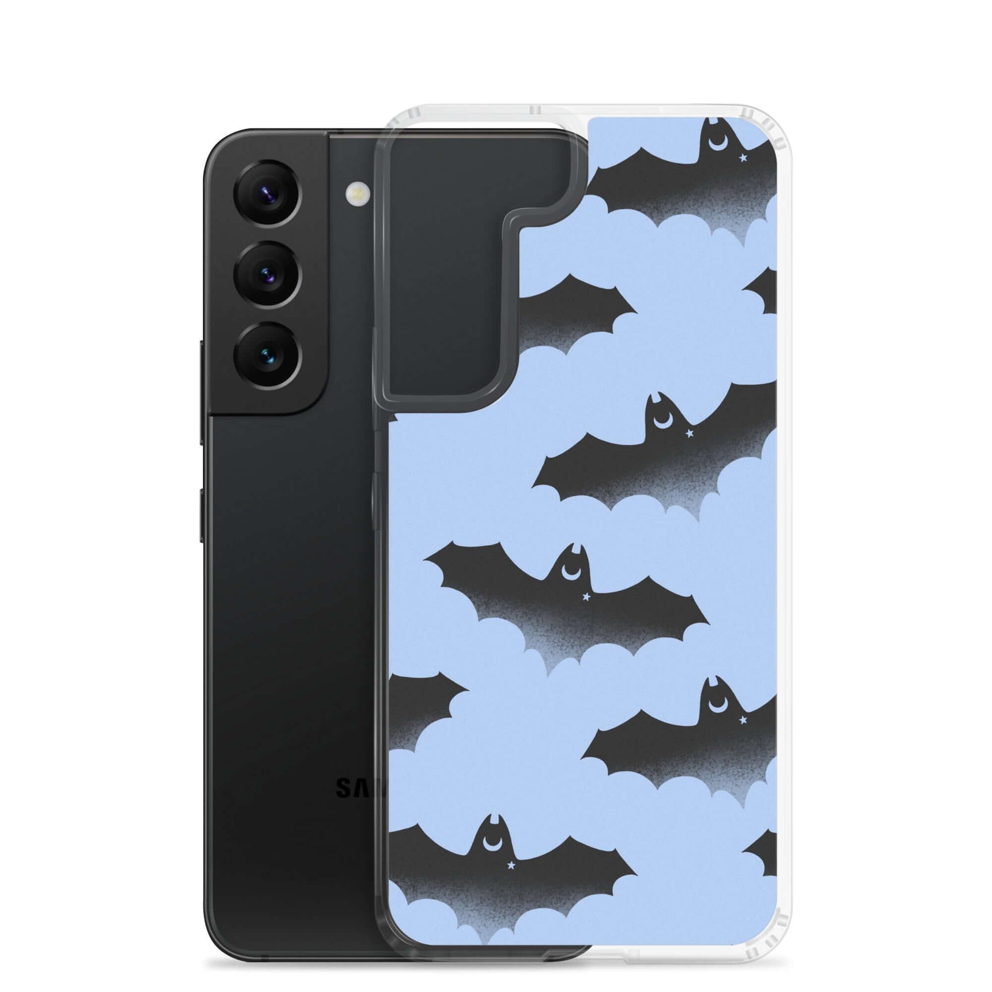 Sleek Lilith Samsung® Clear Case features playful bats on a blue background, perfect for protecting your Galaxy S22.