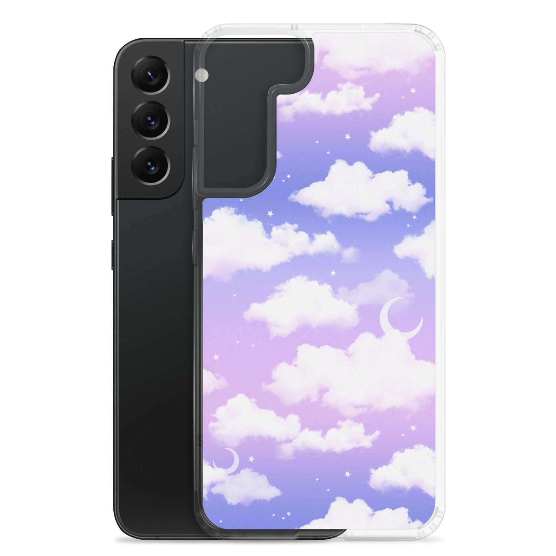 Cloudy Sky Samsung® Clear Case showcases a dreamy purple gradient design, perfect for a stylish phone upgrade.