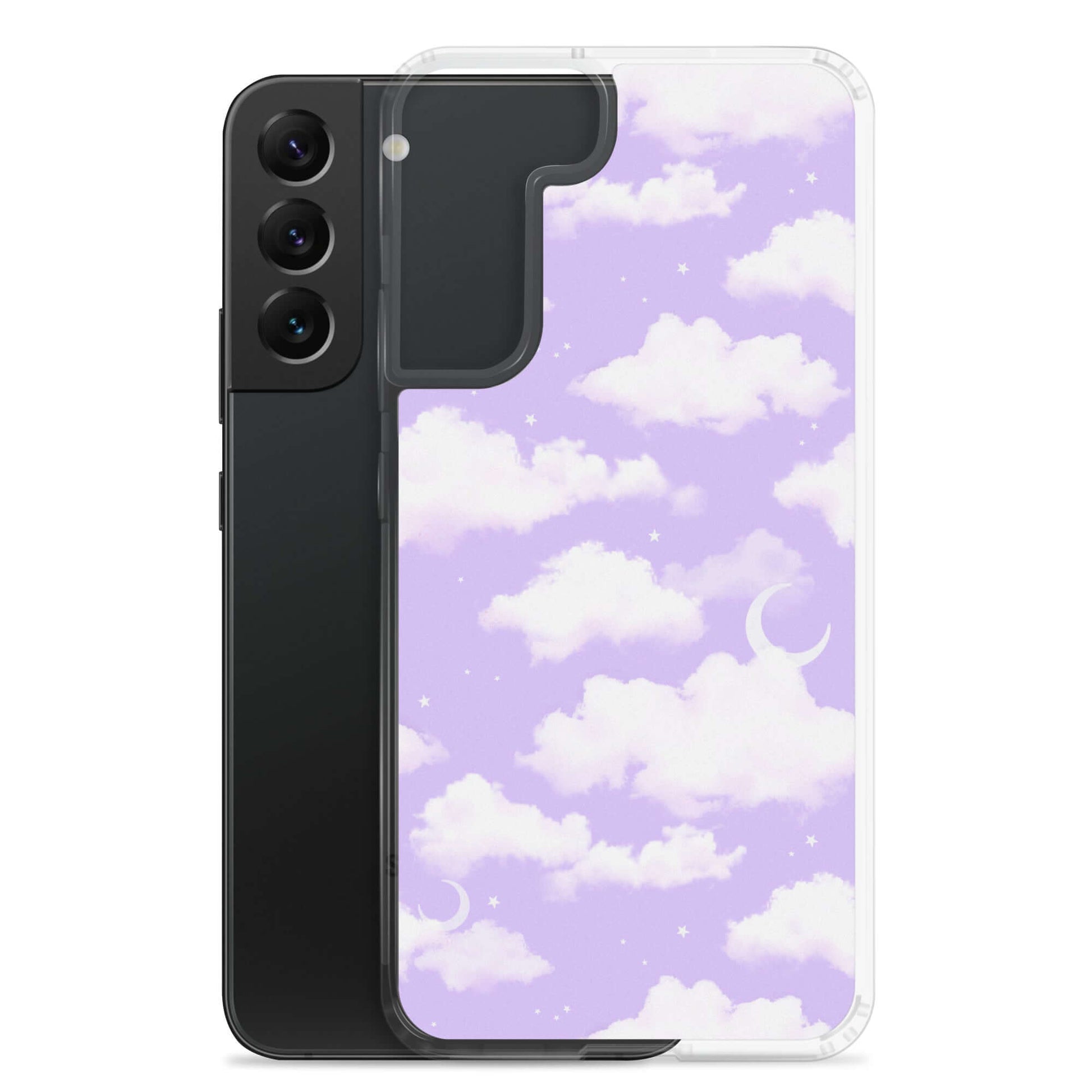 Cloudy Sky Samsung® Clear Case features a dreamy purple cloud design, perfect for stylish protection.