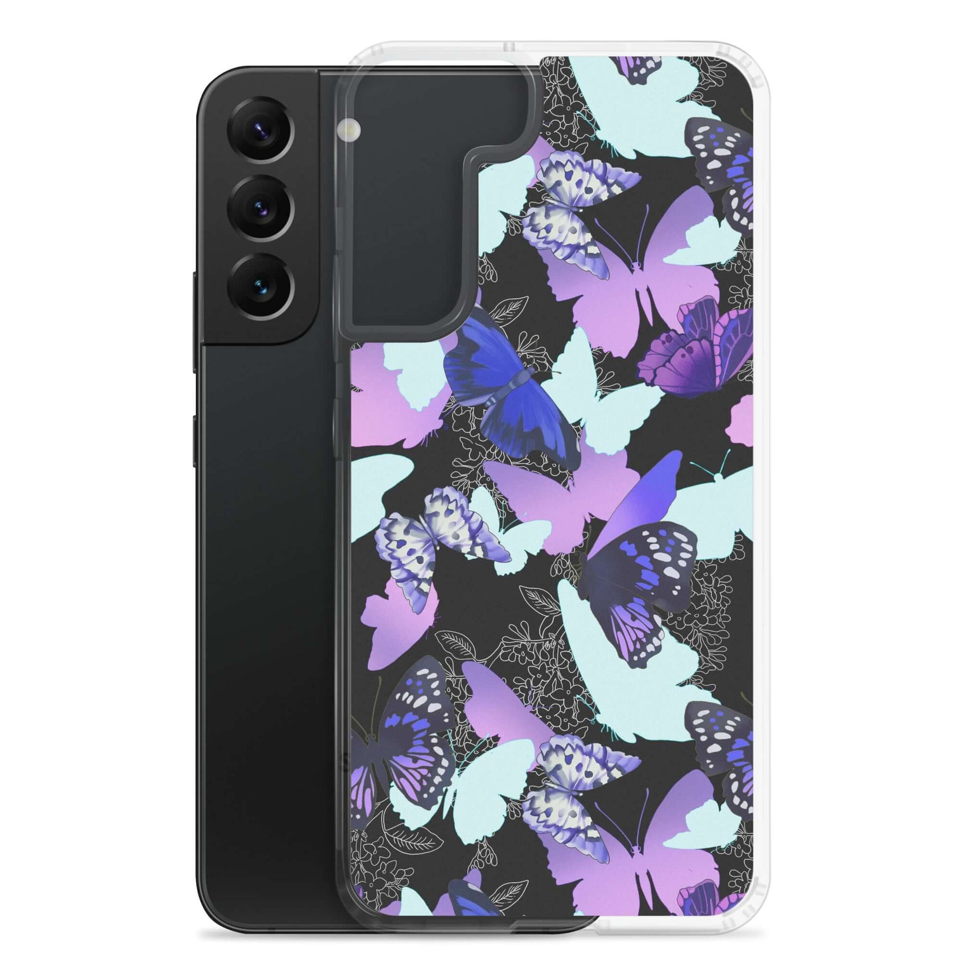 Stylish Butterfly Samsung® Clear Case featuring vibrant butterfly patterns for a colorful phone accessory.