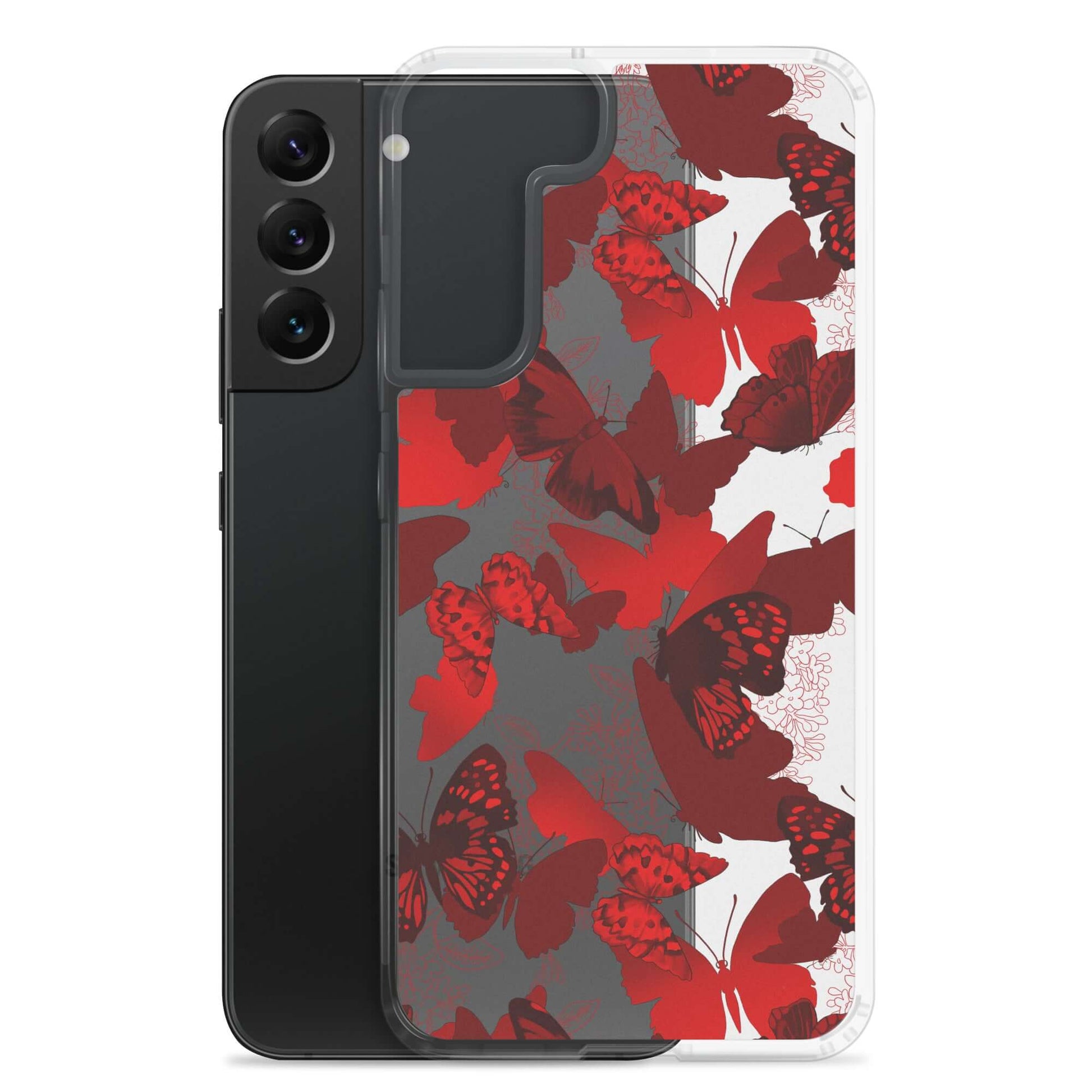 Butterfly Samsung® Clear Case features vibrant red butterflies on a sleek design, adding colorful protection for your phone.