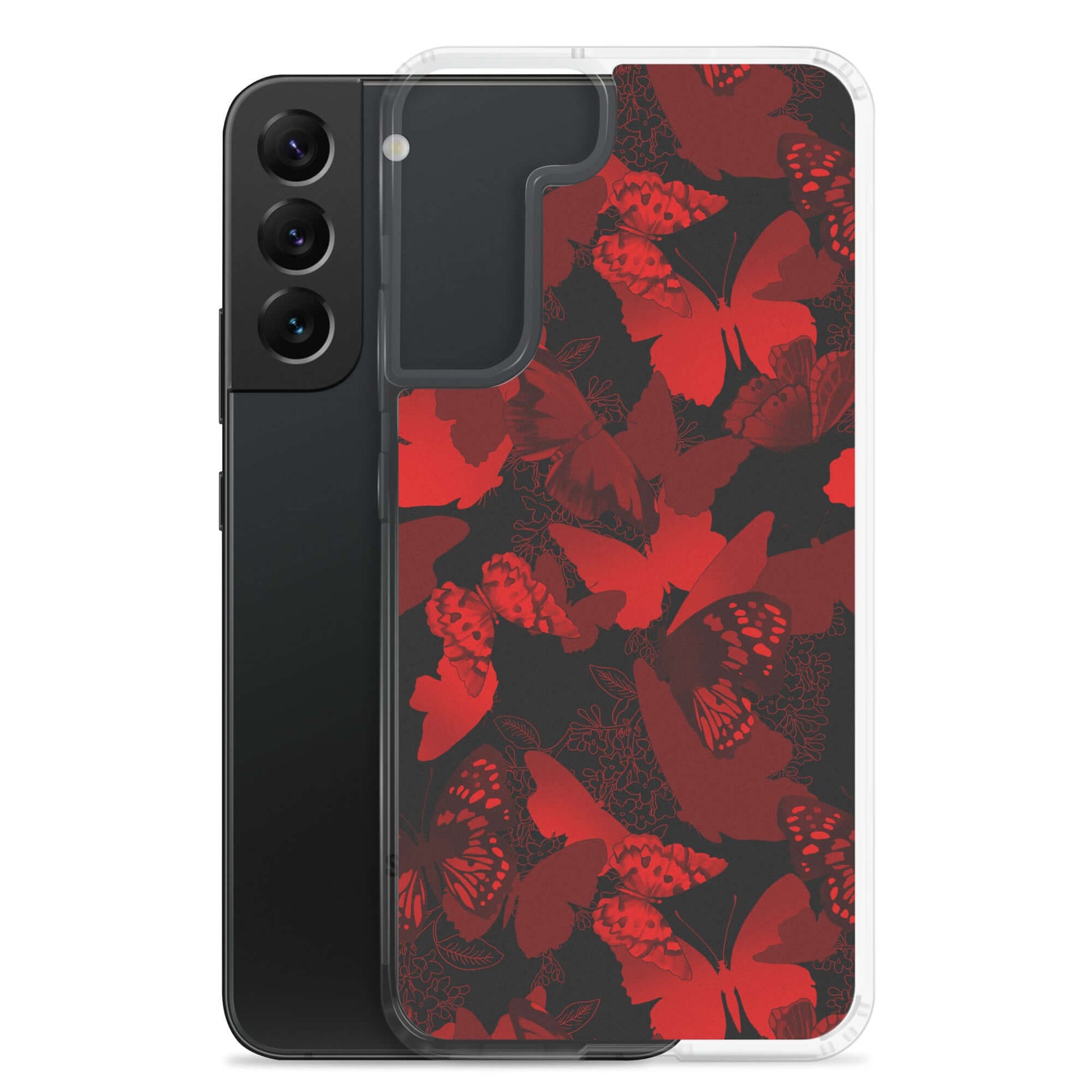Butterfly Samsung® Clear Case featuring vibrant red butterflies, perfect for accessorizing your Samsung phone.