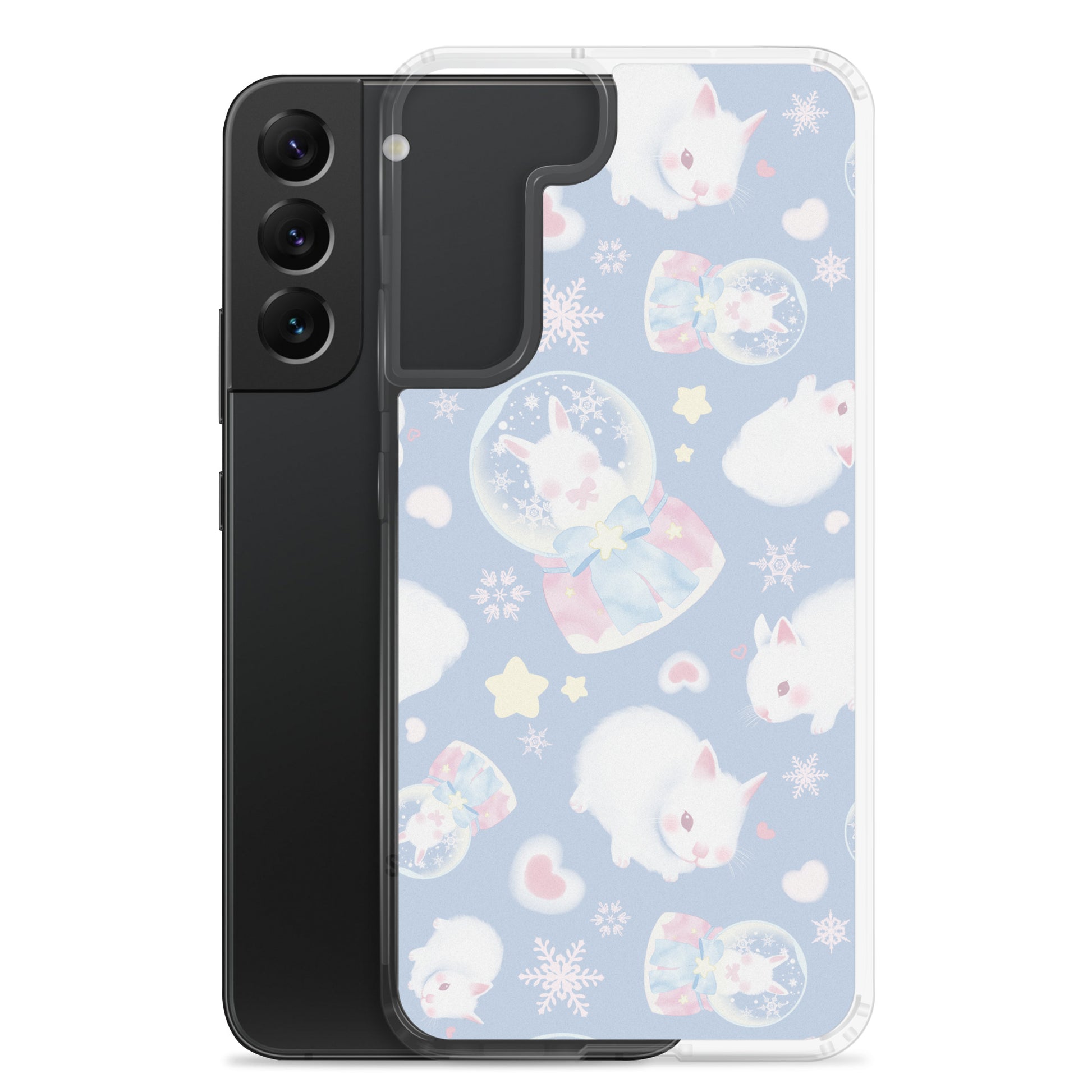 Snow Bunny Samsung® Clear Case showcases adorable bunnies, perfect for a cute pastel phone accessory.