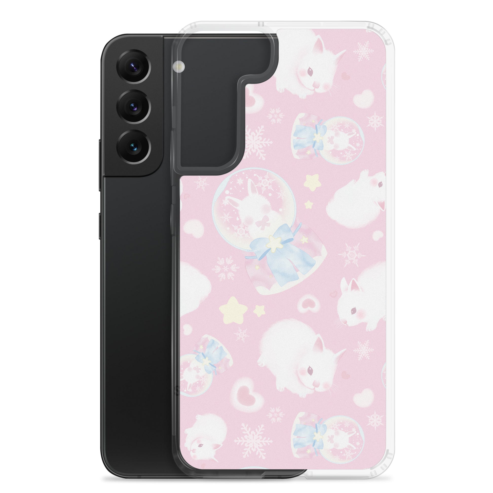 Cute Snow Bunny Samsung® Clear Case showcasing adorable bunnies on a pastel background, perfect for feminine styles.