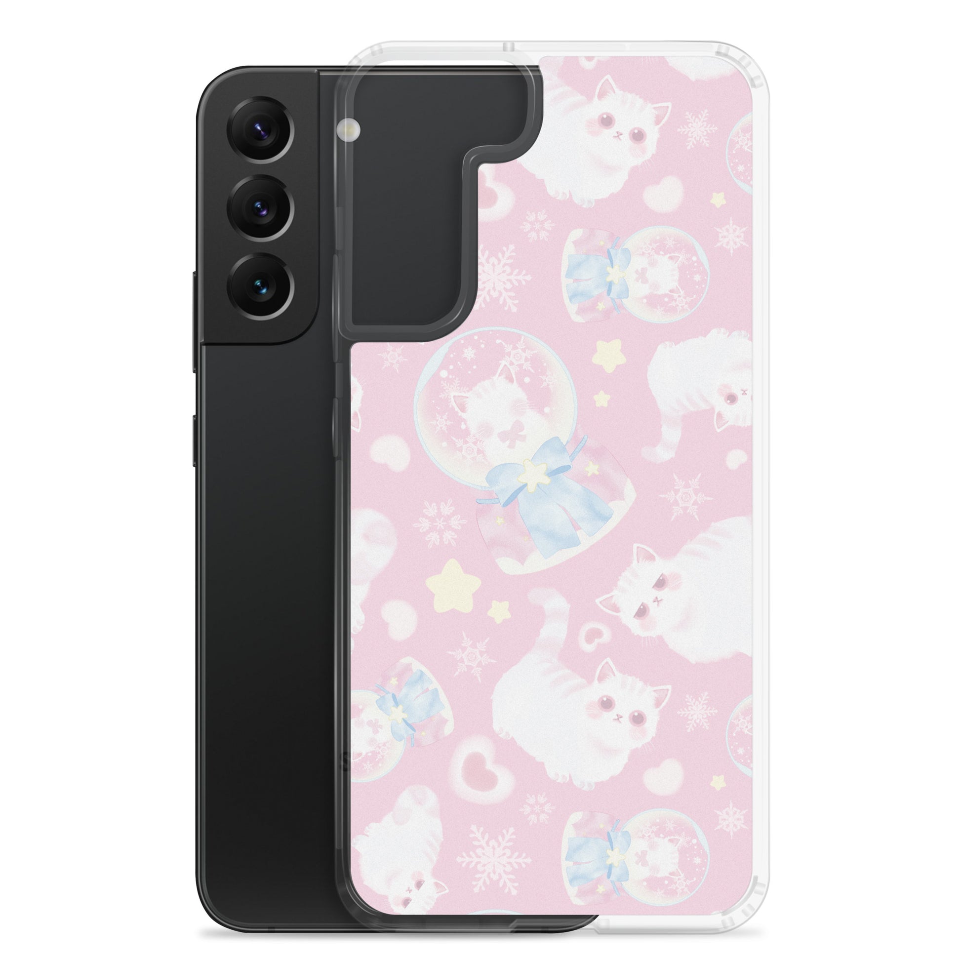 Stylish Snow Kitten Samsung® Clear Case featuring adorable kitten designs and pastel colors for a cute phone protection.