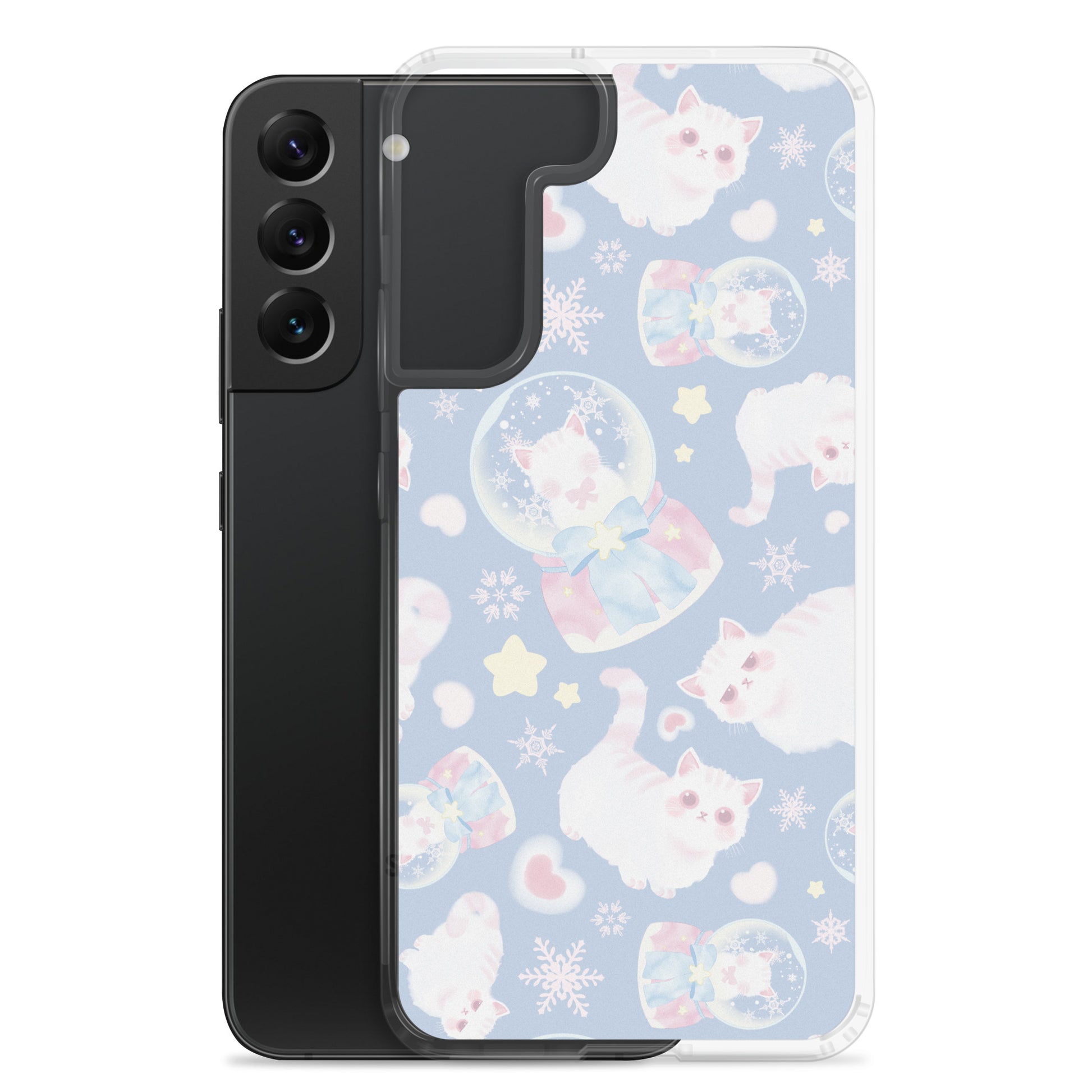 Snow Kitten Samsung® Clear Case showcases adorable kittens against a pastel background, perfect for any stylish outfit.