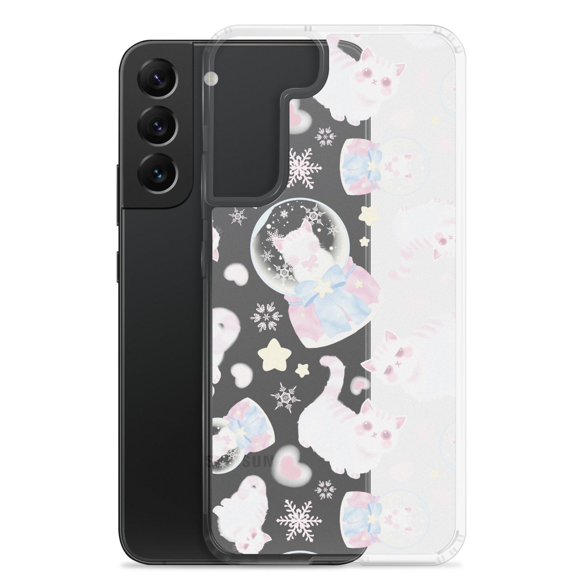 Cute Snow Kitten Samsung® Clear Case featuring playful kittens, perfect for a pastel outfit and phone protection.