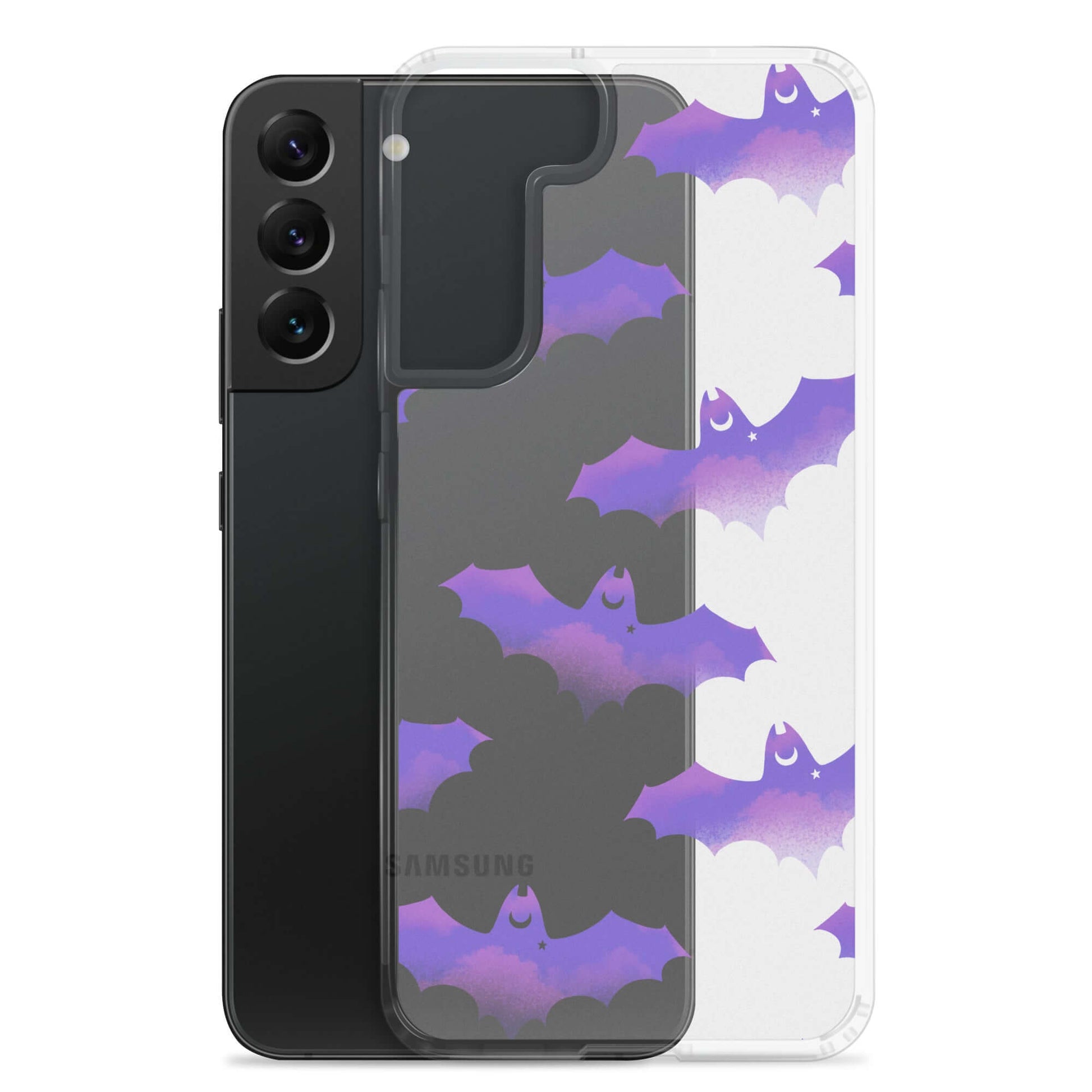 Sleek Morrigan Samsung® Clear Case featuring playful bats, protecting your phone against scratches and dirt.