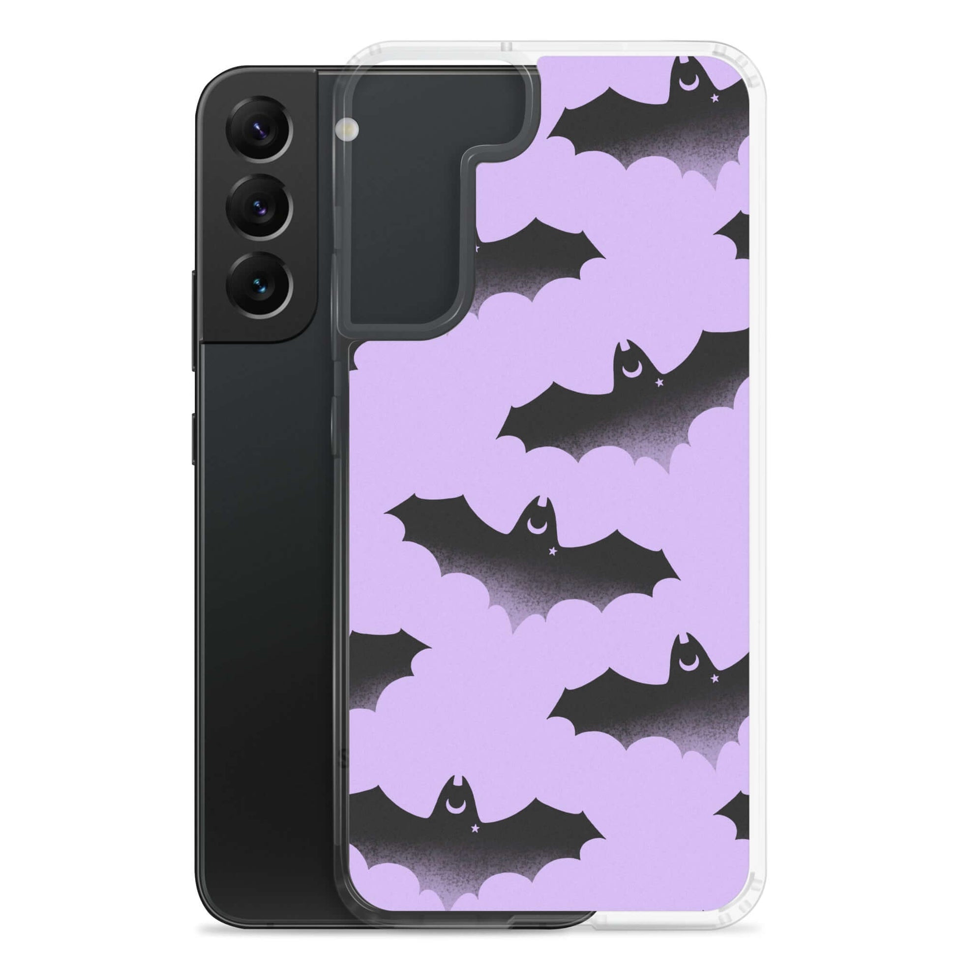 Stylish Morrigan Samsung® Clear Case featuring playful bats, perfect for protecting your phone in any weather.