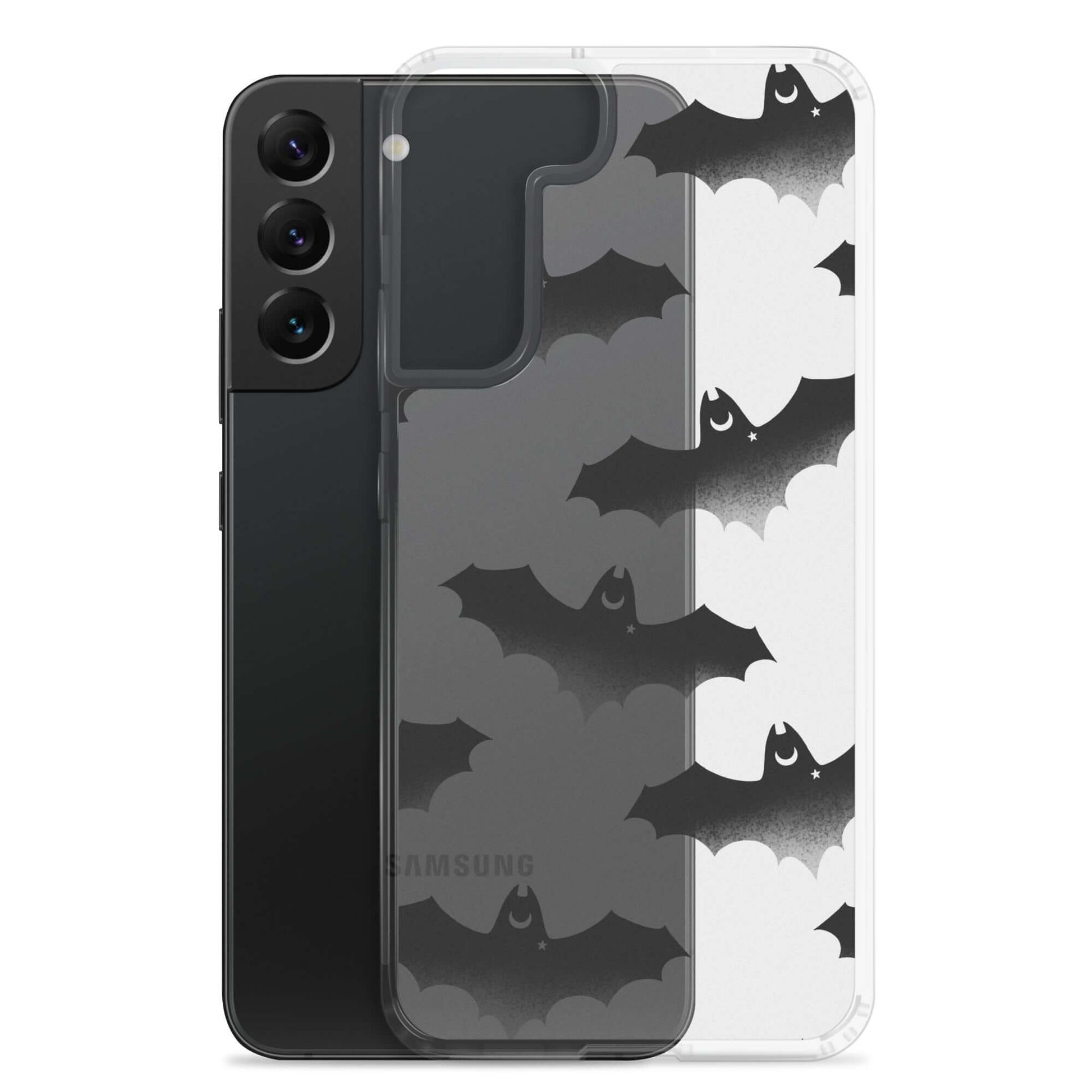 Morrigan Samsung® Clear Case features playful bats, offering stylish protection against dirt and scratches.