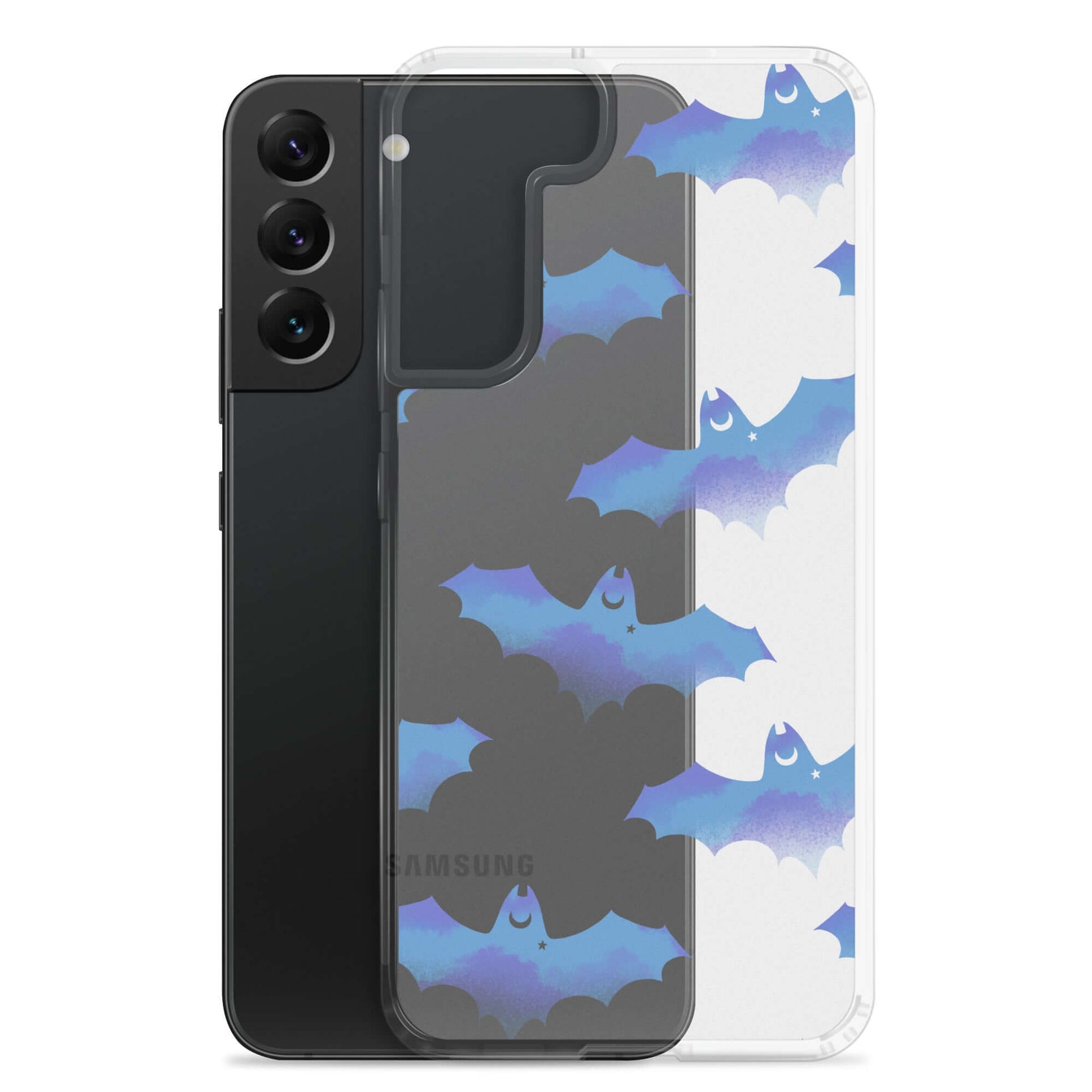 Stylish Lilith Samsung® Clear Case featuring playful bats, perfect for protecting your Galaxy S22 Plus.
