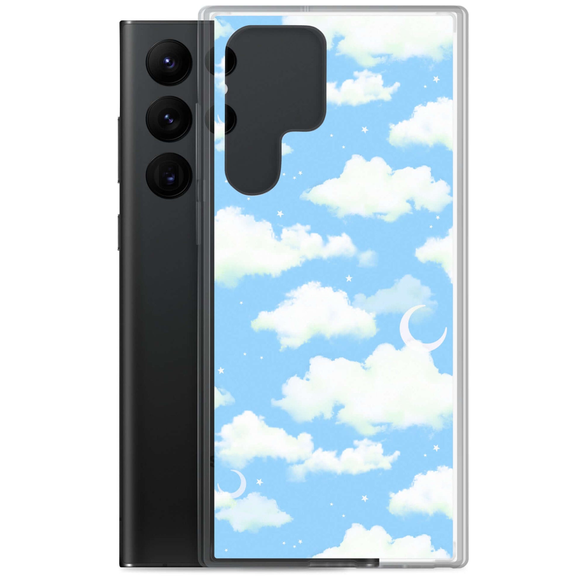 Cloudy Sky Samsung® Clear Case showcases a dreamy blue design, protecting your phone while looking stylish.