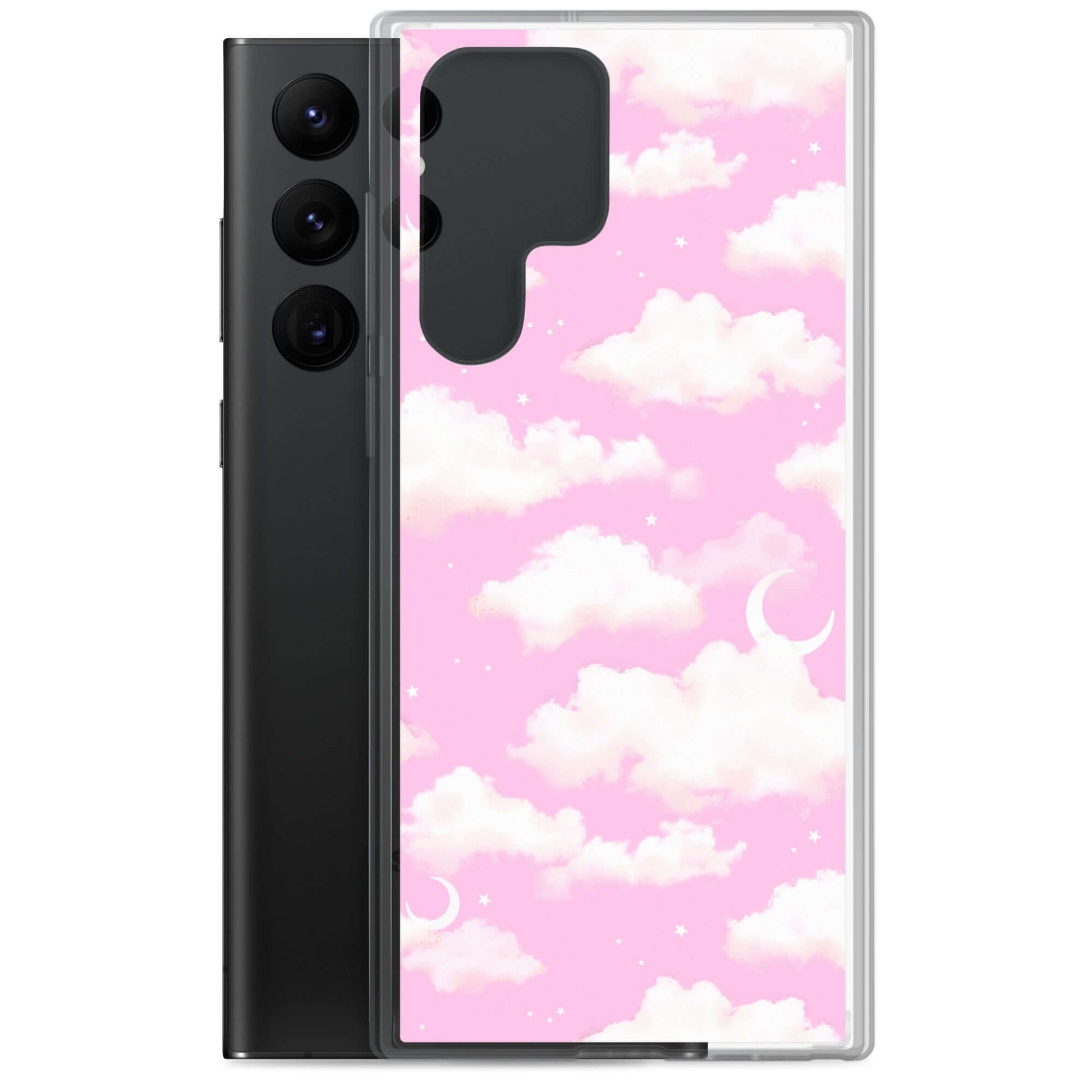 Cloudy Sky Samsung® Clear Case features dreamy pink clouds, perfect for protecting your phone in style and elegance.