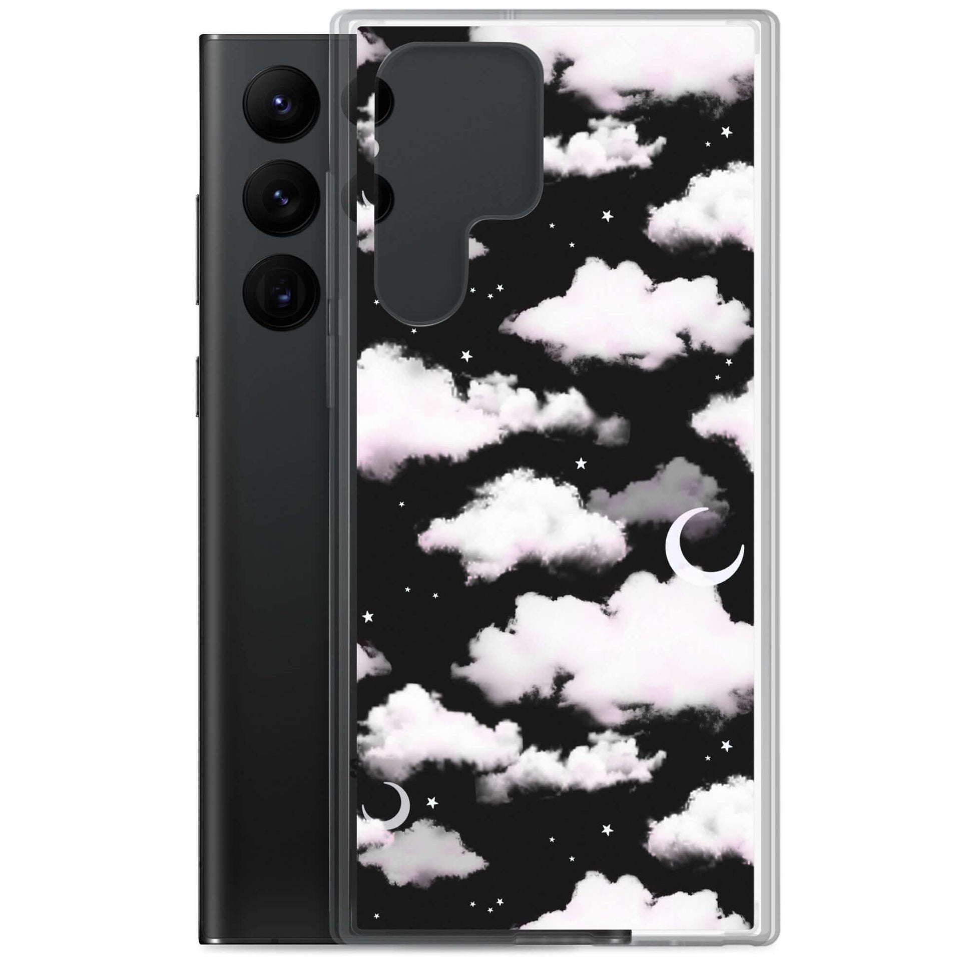 Stylish Cloudy Sky Samsung® Clear Case featuring dreamy clouds on a black background, perfect for protecting your phone.