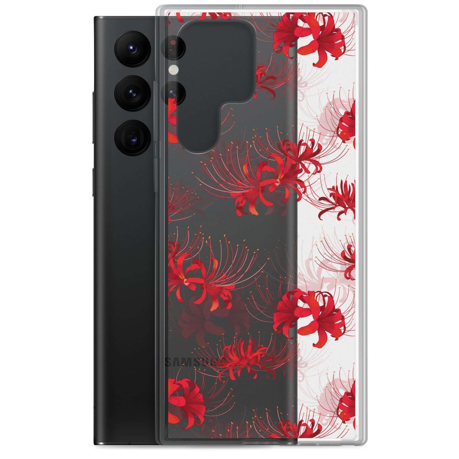 Stylish Higanbana Samsung® Clear Case featuring a vibrant floral design, perfect for protecting your Galaxy S22 Ultra.