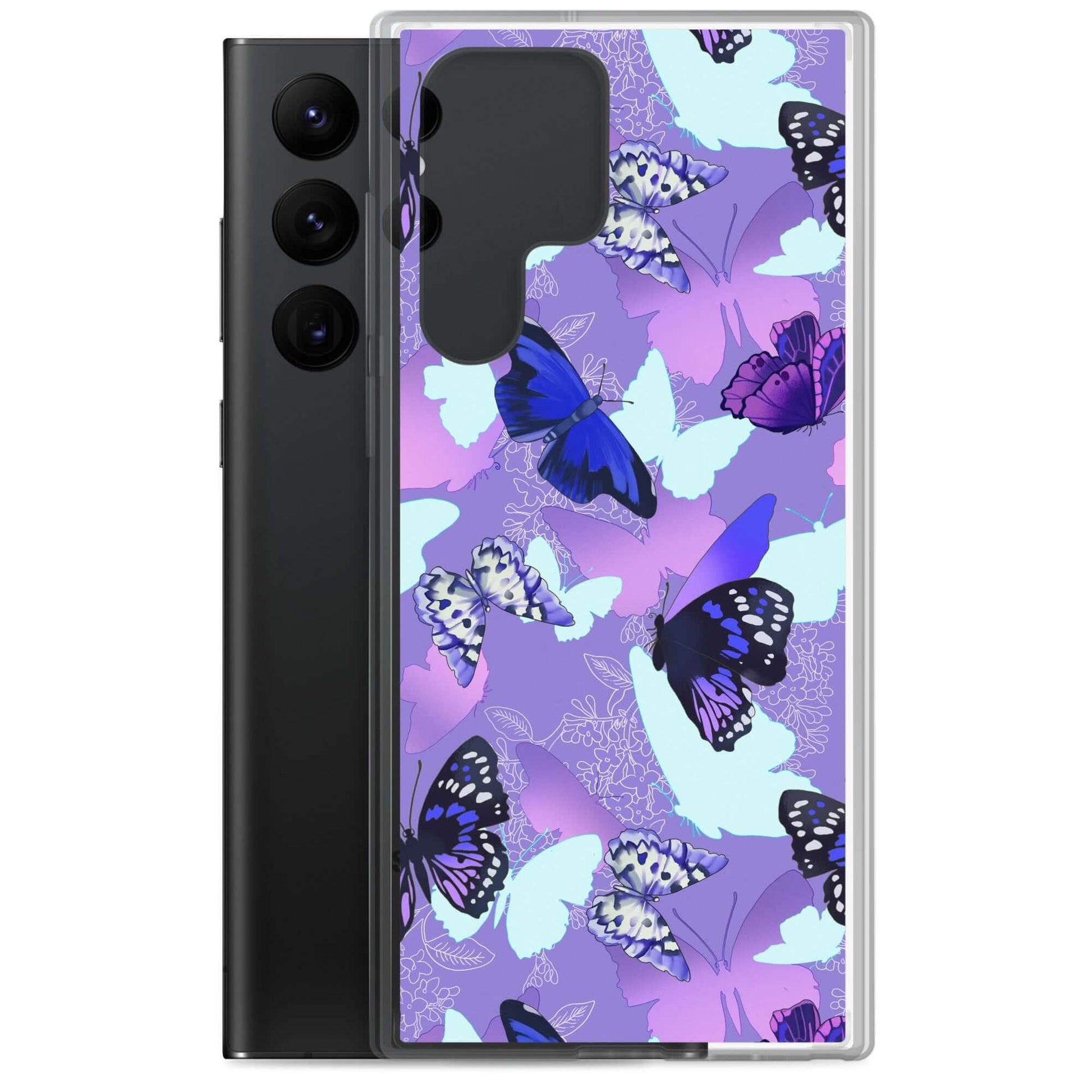 Butterfly Samsung® Clear Case featuring a vibrant butterfly print, perfect for stylish phone protection.