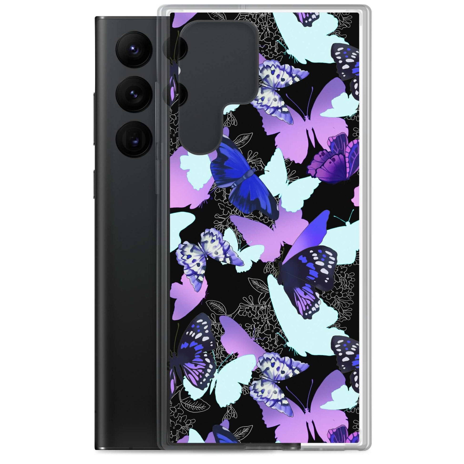 Butterfly Samsung® Clear Case featuring vibrant butterfly designs, perfect for protecting your phone in style.