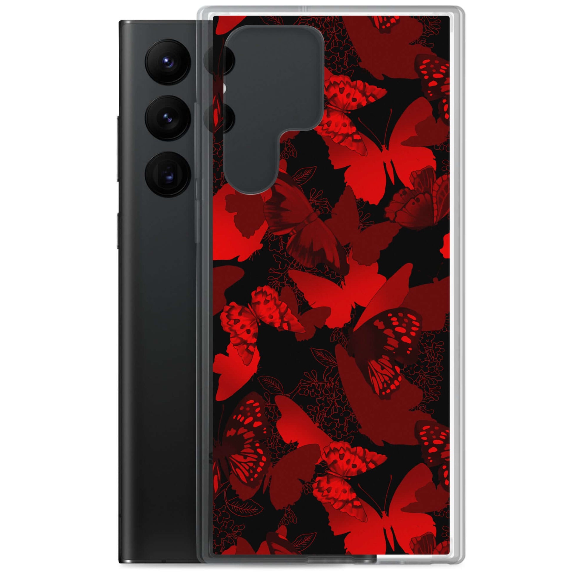 Butterfly Samsung® Clear Case featuring vibrant red butterfly designs, perfect for adding style and protection to your phone.