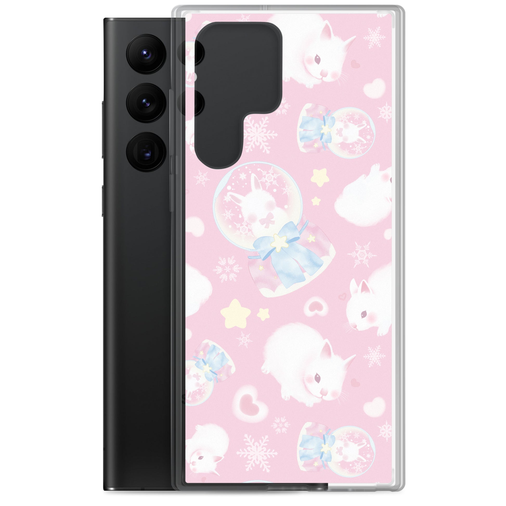 Cute Snow Bunny Samsung® Clear Case features adorable bunnies on a pastel pink background for stylish protection.