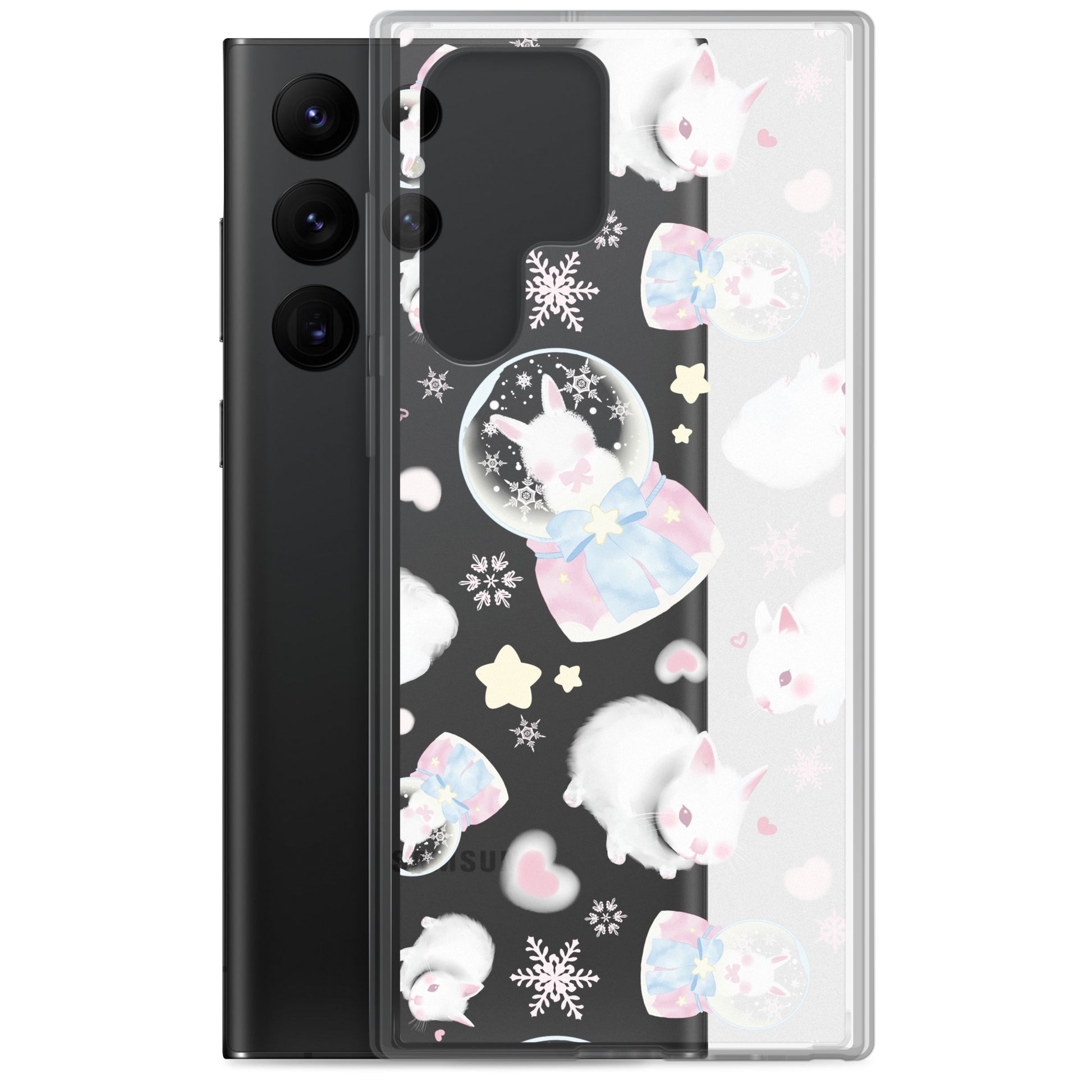 Stylish Snow Bunny Samsung® Clear Case features cute bunnies and stars, perfect for feminine pastel outfits.