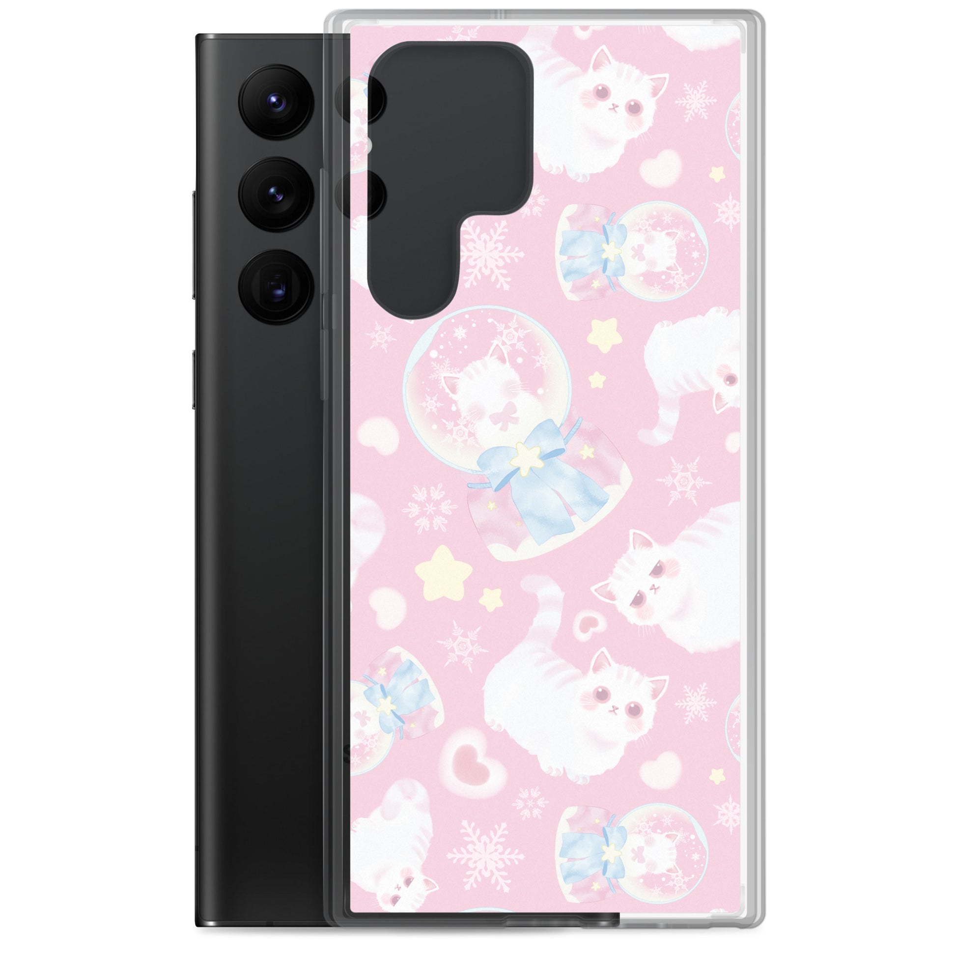 Showcasing the Snow Kitten Samsung® Clear Case, featuring adorable kittens on a pastel pink background.