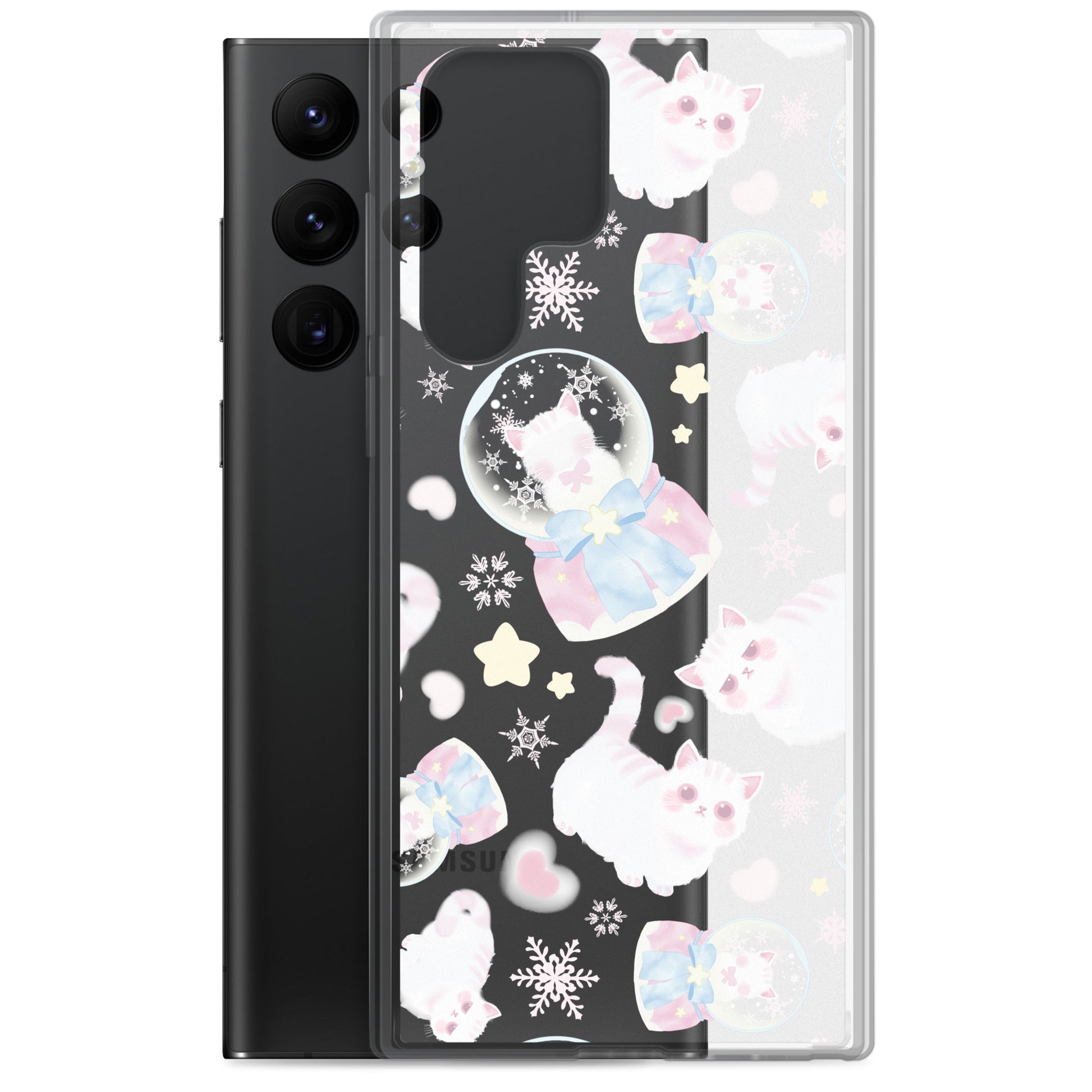 Snow Kitten Samsung® Clear Case features adorable kittens, perfect for a pastel outfit and protecting your phone stylishly.