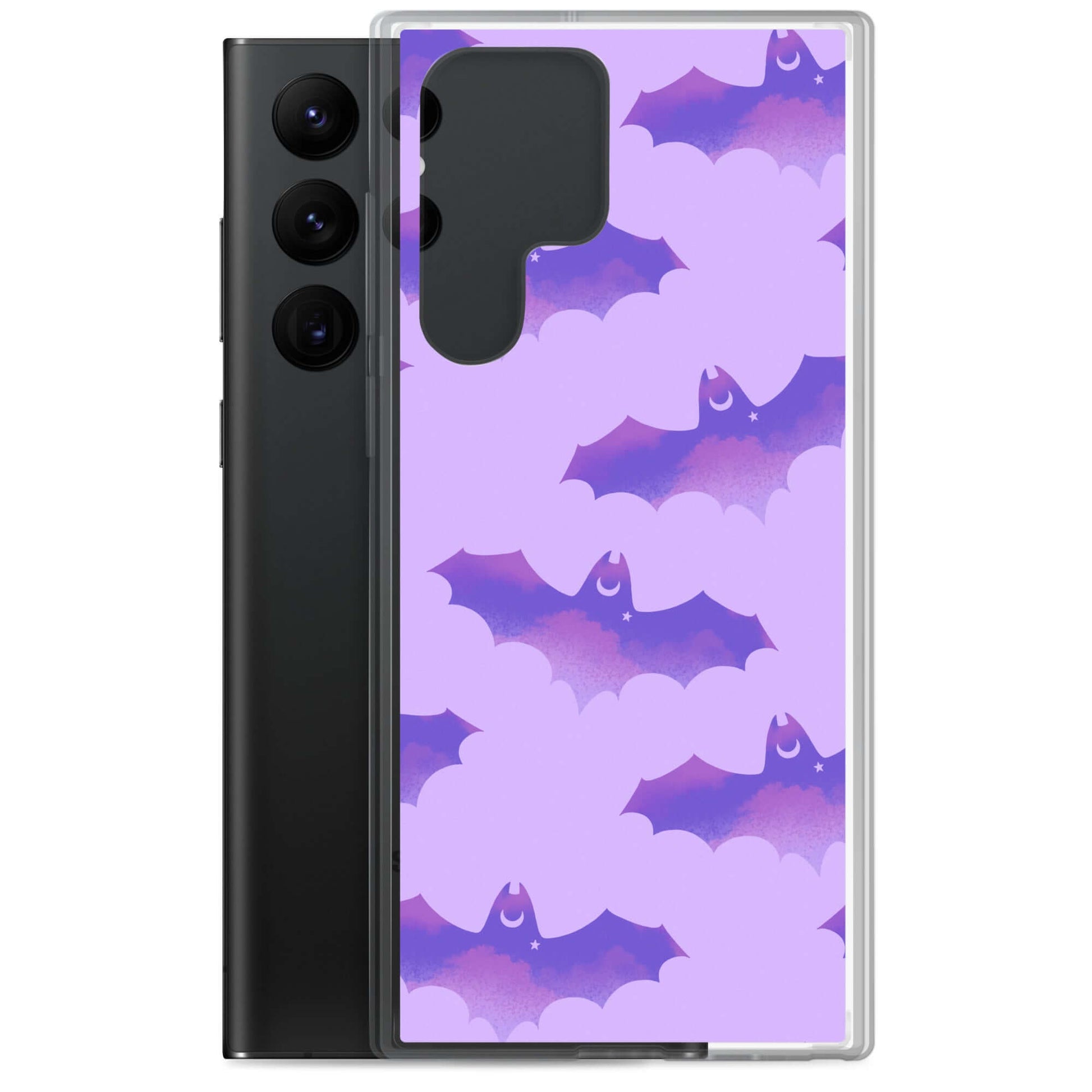 Stylish Morrigan Samsung® Clear Case featuring playful bats design, perfect for protecting your phone in any weather.