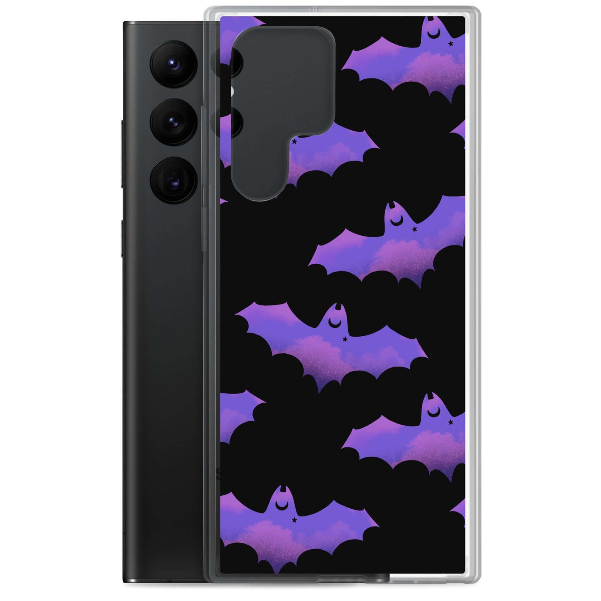 Protect your phone stylishly with the Morrigan Samsung® Clear Case featuring playful bats against a sleek background.