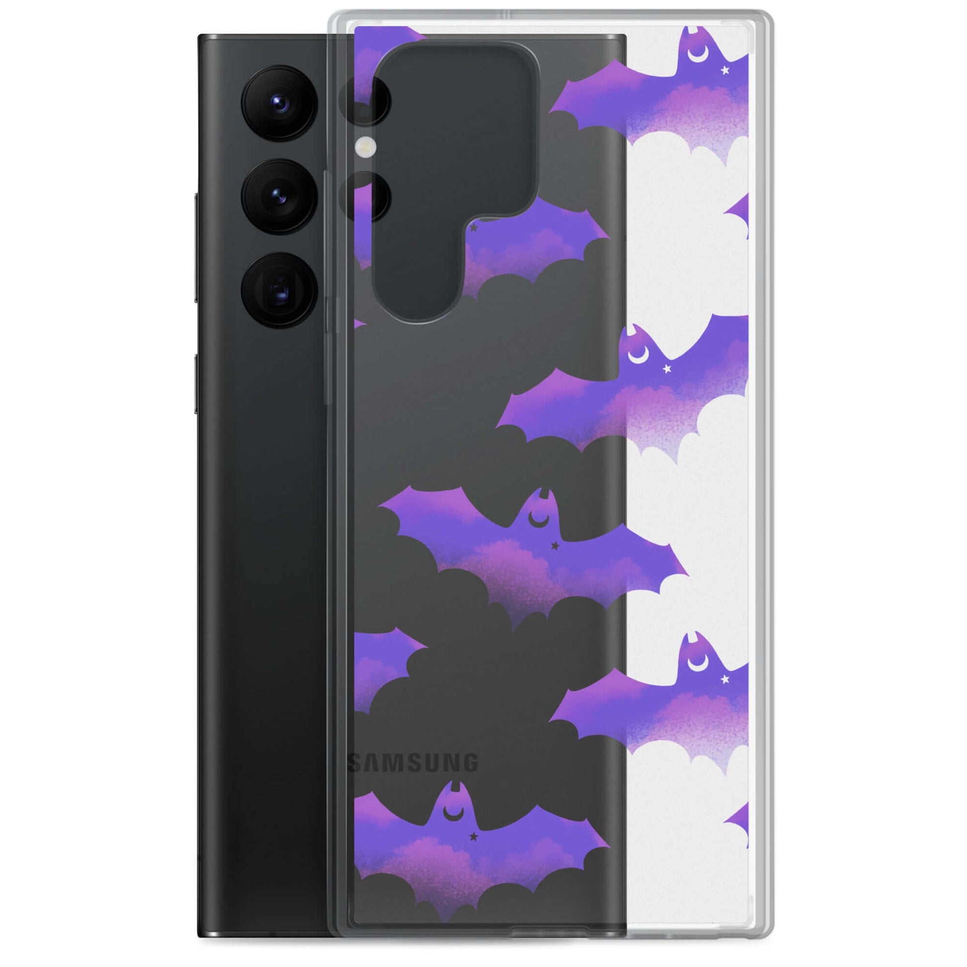 Stylish Morrigan Samsung® Clear Case featuring playful bats, perfect for protecting your phone in any weather.