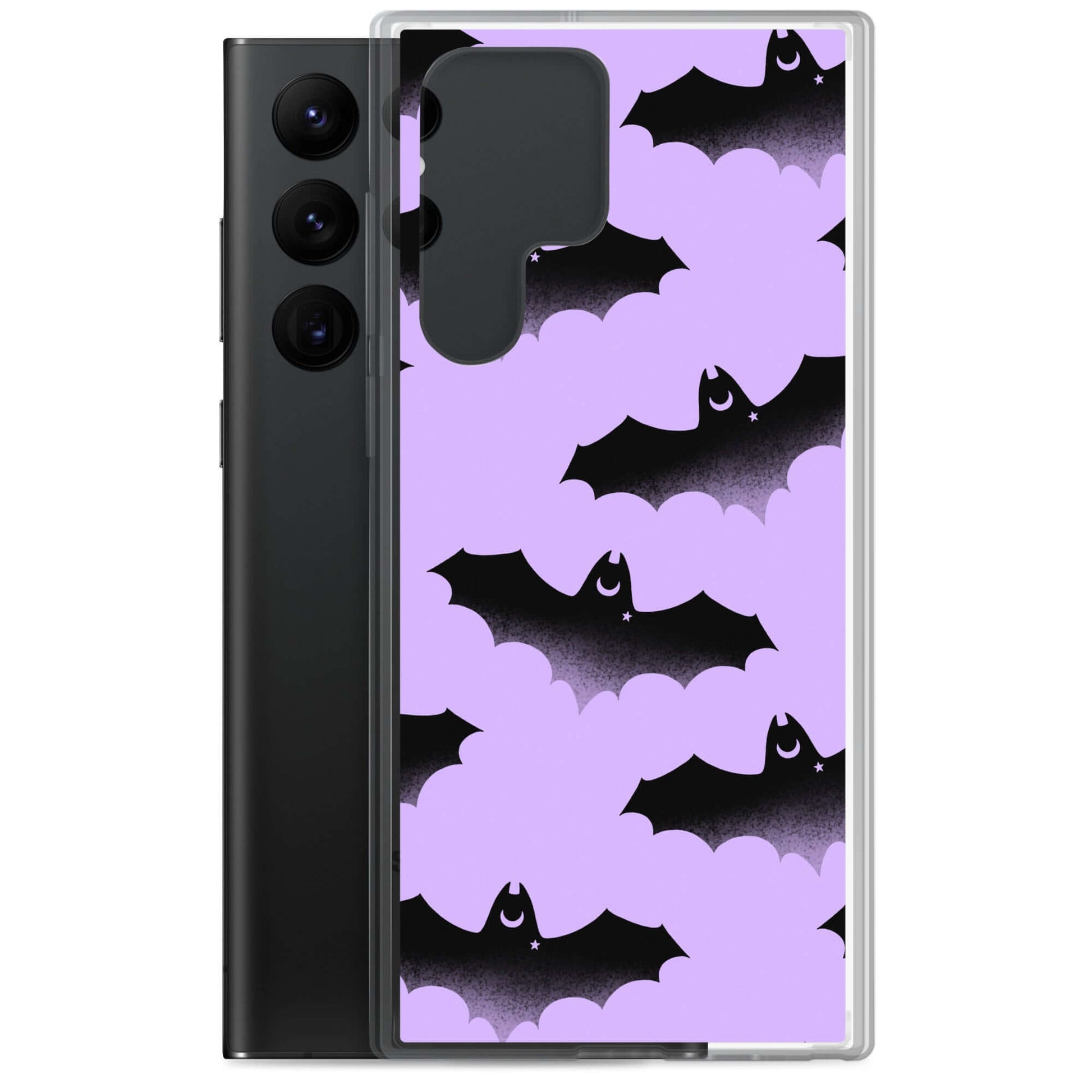 Showcase your style with the Morrigan Samsung® Clear Case featuring playful bats against a vibrant purple background.