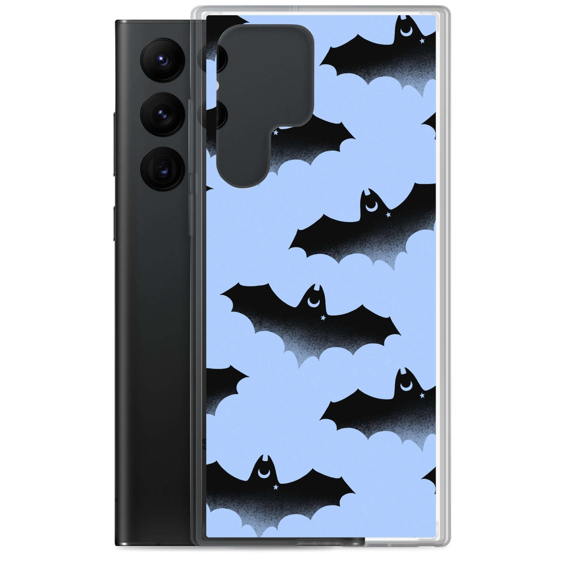 Sleek Lilith Samsung® Clear Case featuring playful bats on a blue background, perfect for stylish protection.