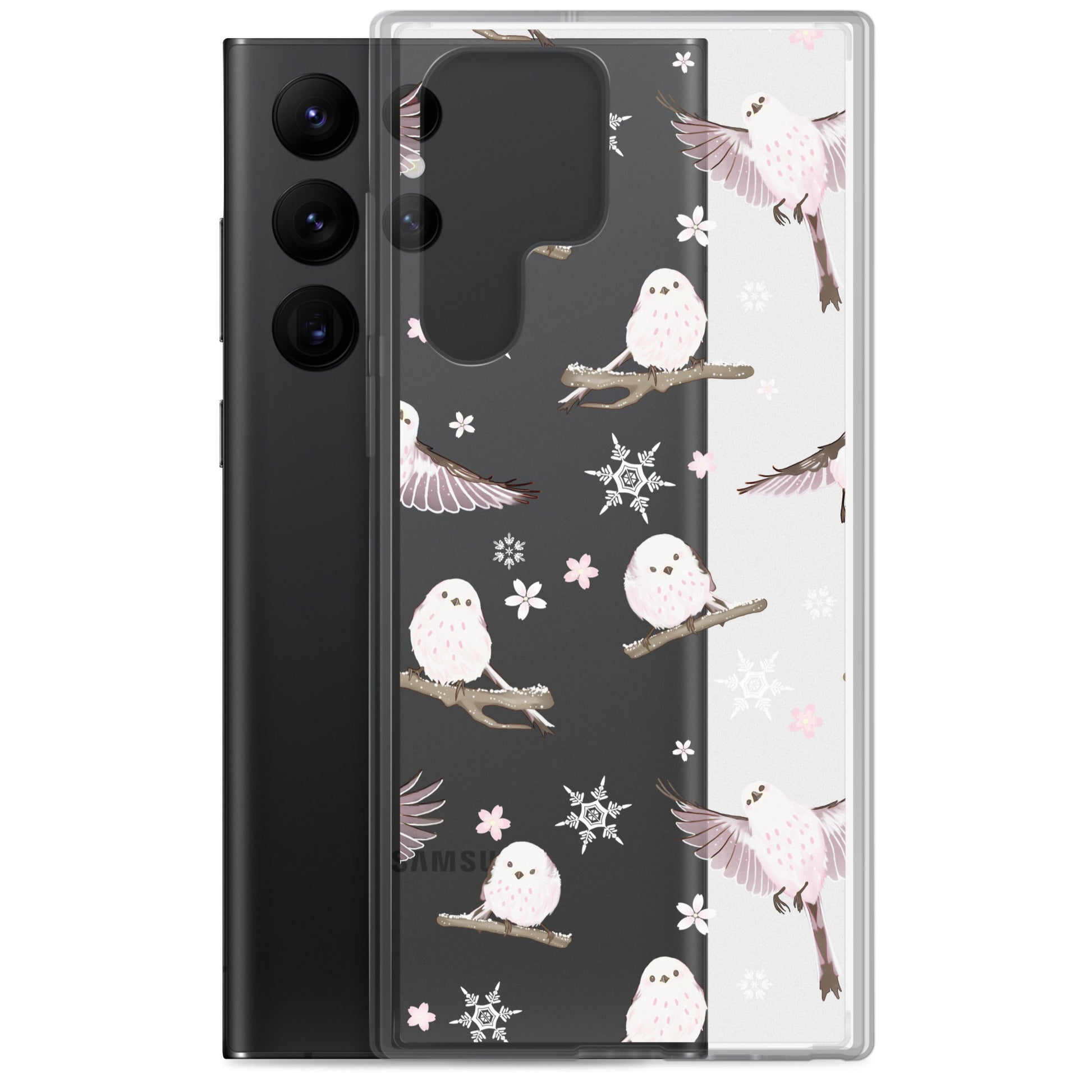 Stylish Snow Bird Samsung® Clear Case featuring pastel birds and snowflakes, perfect for winter gatherings.