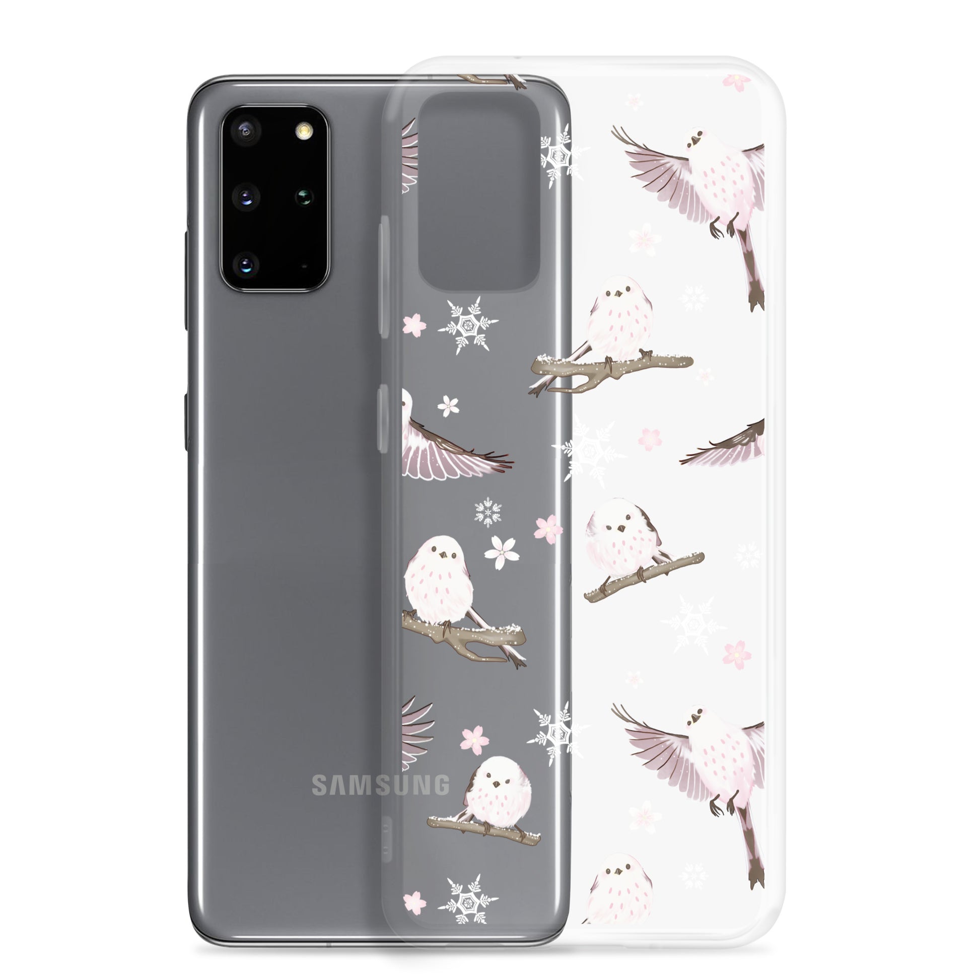 Cute Snow Bird Samsung® Clear Case featuring pastel birds and snowflakes, perfect for winter outings and gatherings.