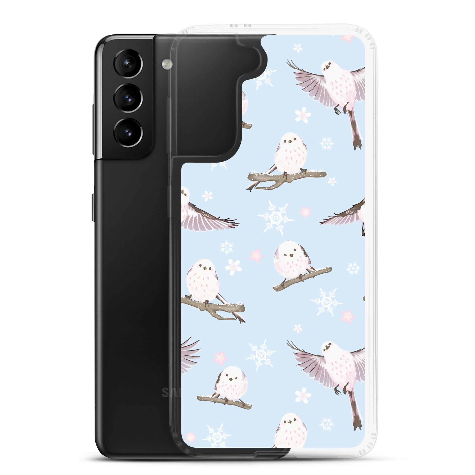 Stylish Snow Bird Samsung® Clear Case featuring cute birds on a pastel blue background, perfect for winter outings.