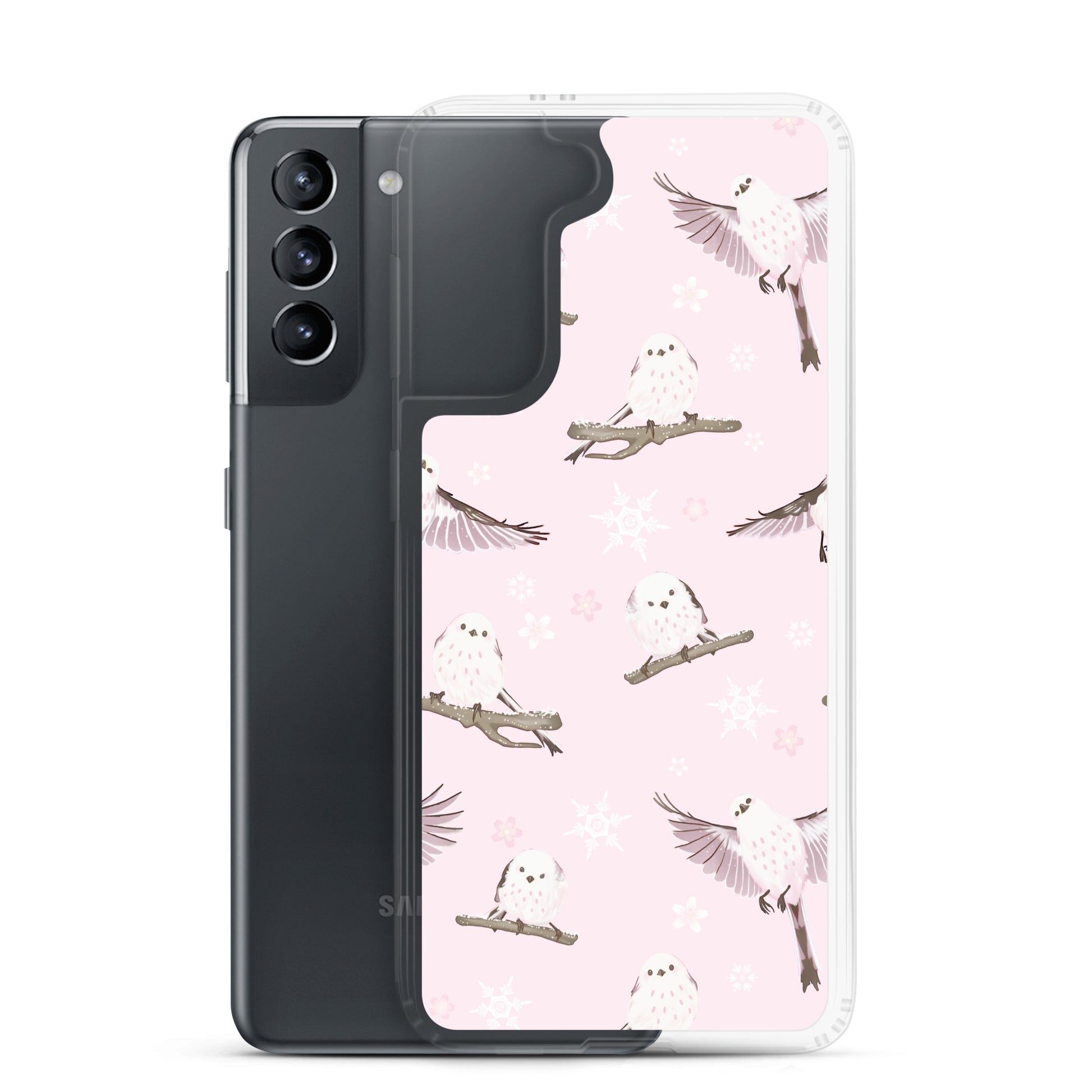 Snow Bird Samsung® Clear Case featuring pastel birds on a pink background, perfect for winter and stylish protection.