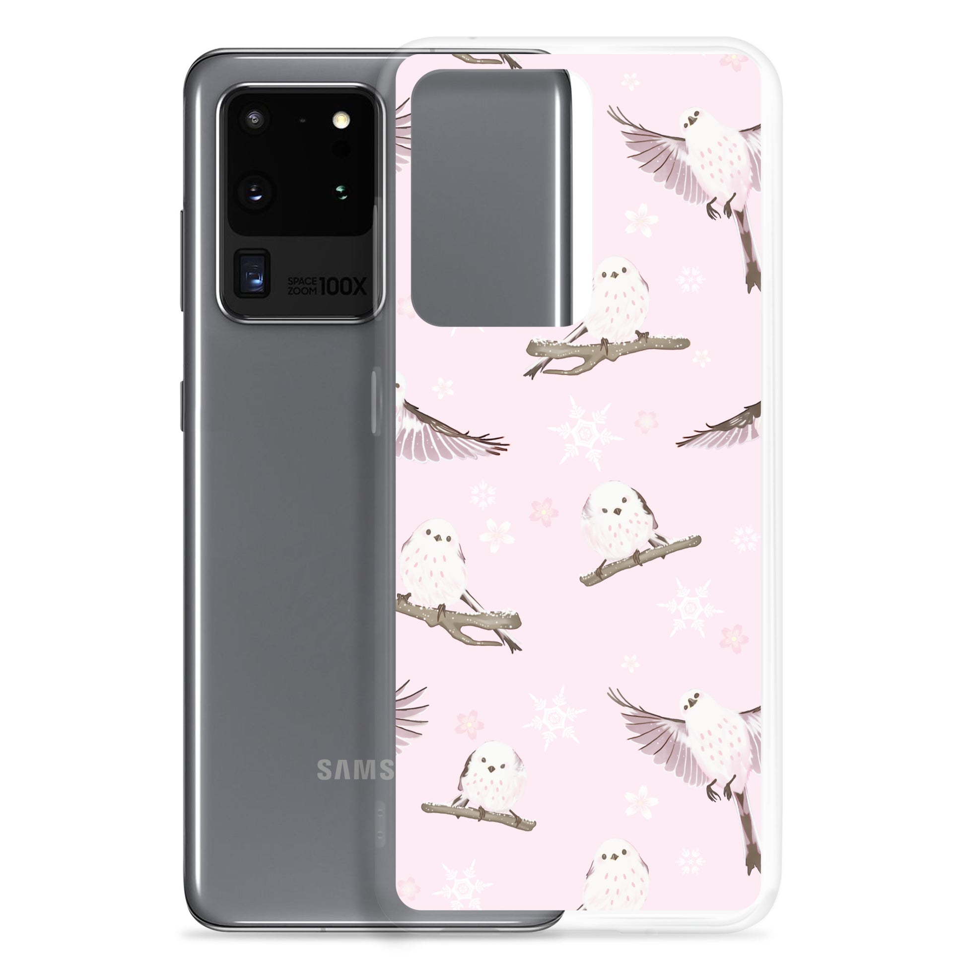 Cute pastel Snow Bird Samsung® Clear Case featuring playful birds, perfect for winter outings and stylish protection.