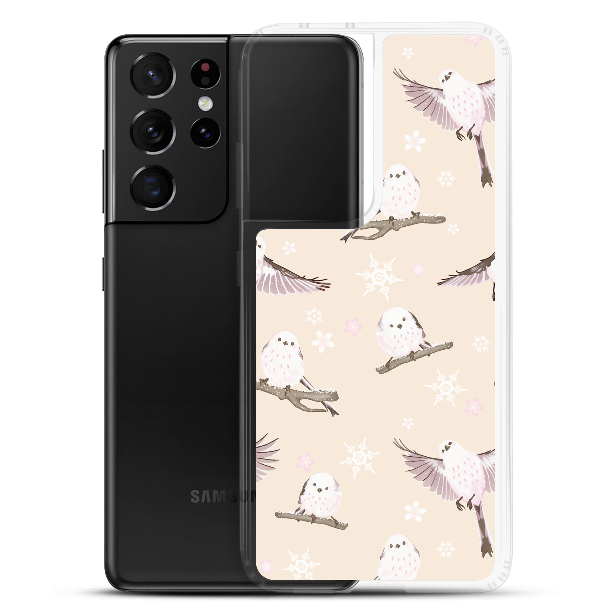 Snow Bird Samsung® Clear Case featuring cute winter birds on a pastel background, perfect for seasonal outings.