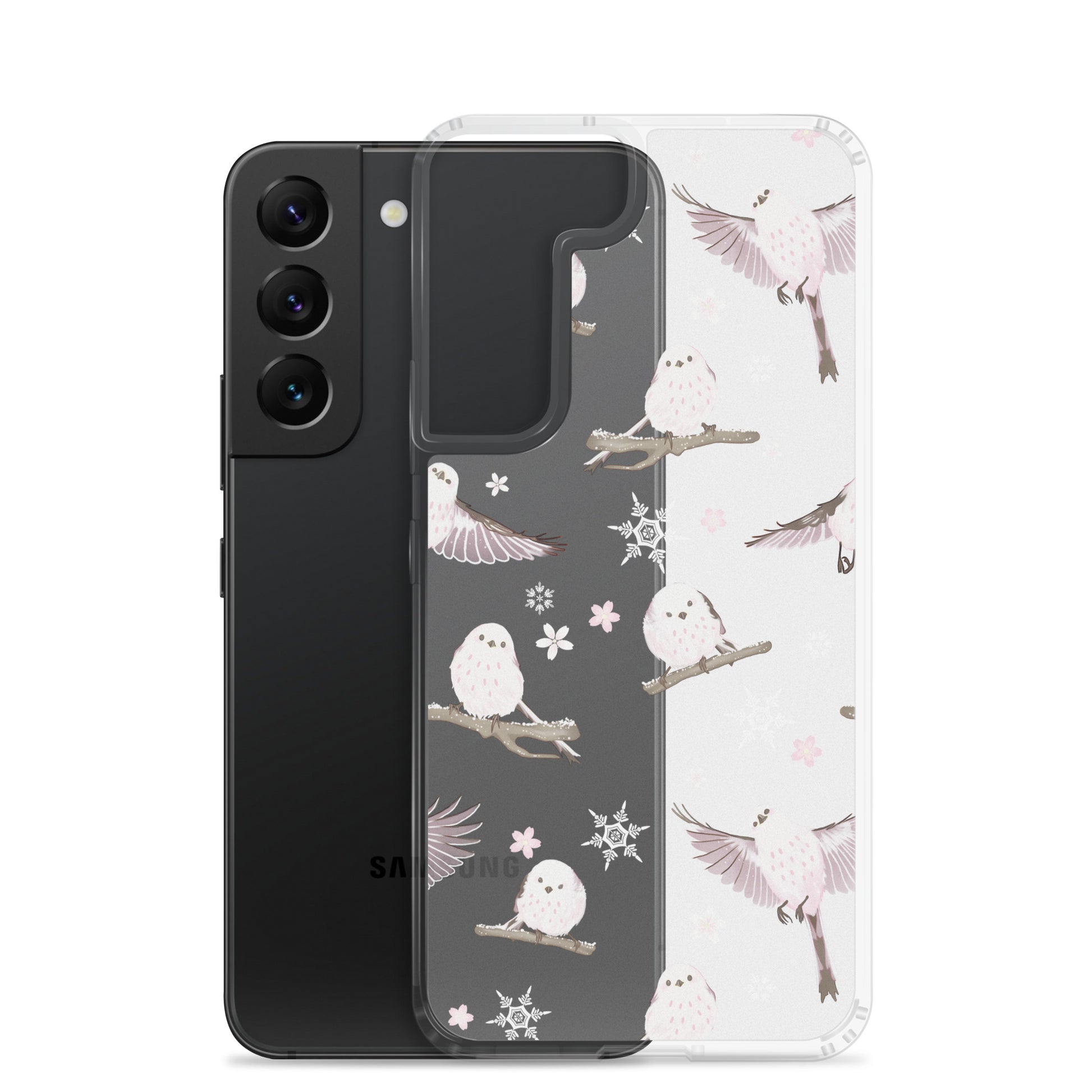 Sleek Snow Bird Samsung® Clear Case featuring pastel birds, perfect for winter outings and stylish protection.