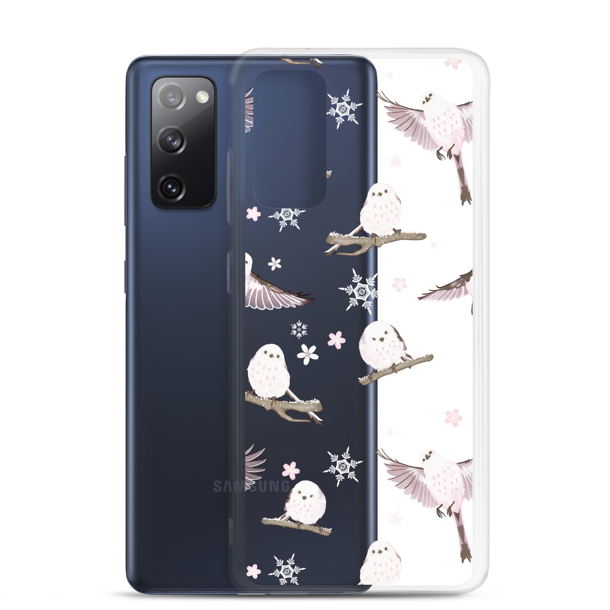 Sleek Snow Bird Samsung® Clear Case featuring pastel birds and snowflakes, perfect for winter outings and gatherings.