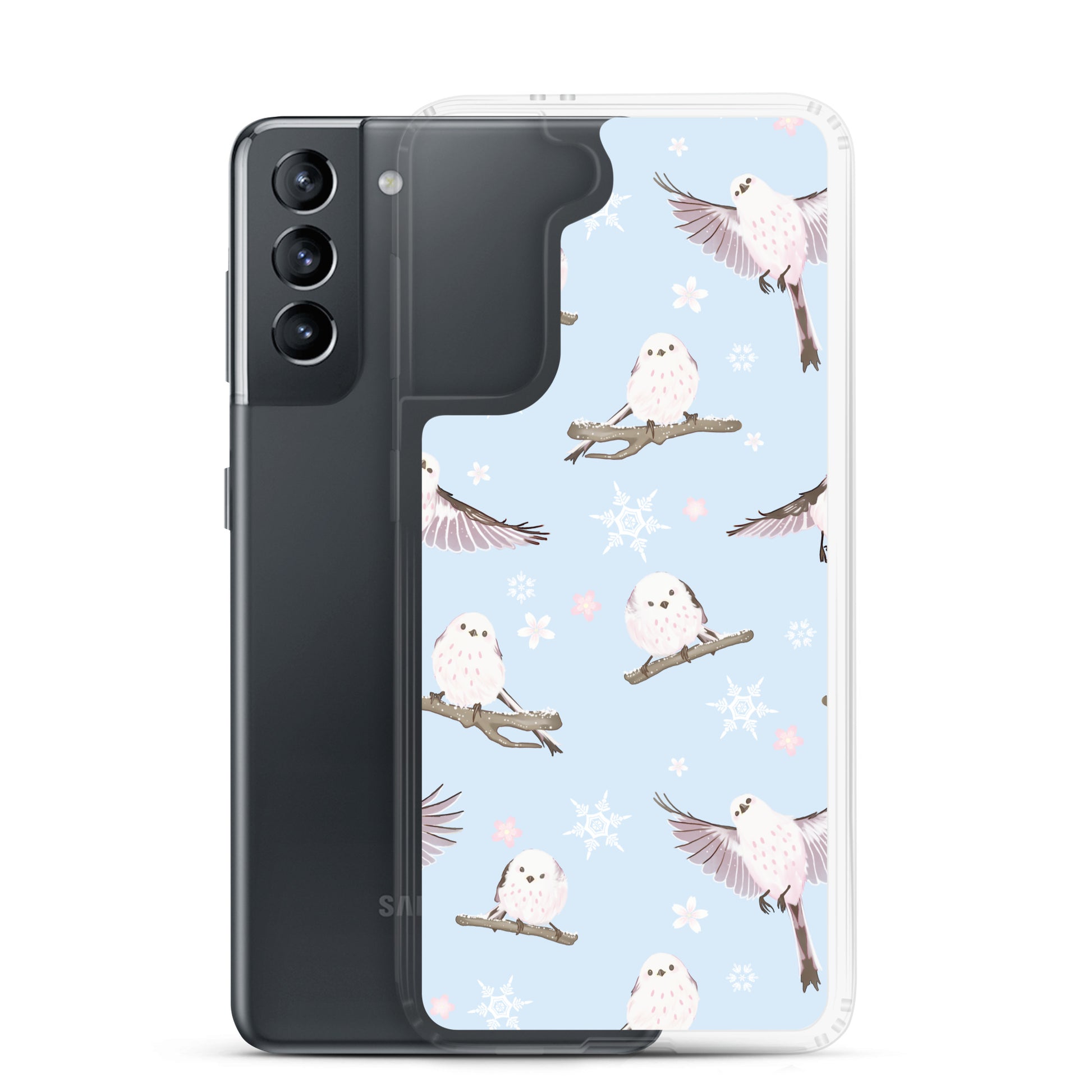 Snow Bird Samsung® Clear Case features cute birds on a pastel blue background, perfect for winter and stylish protection.