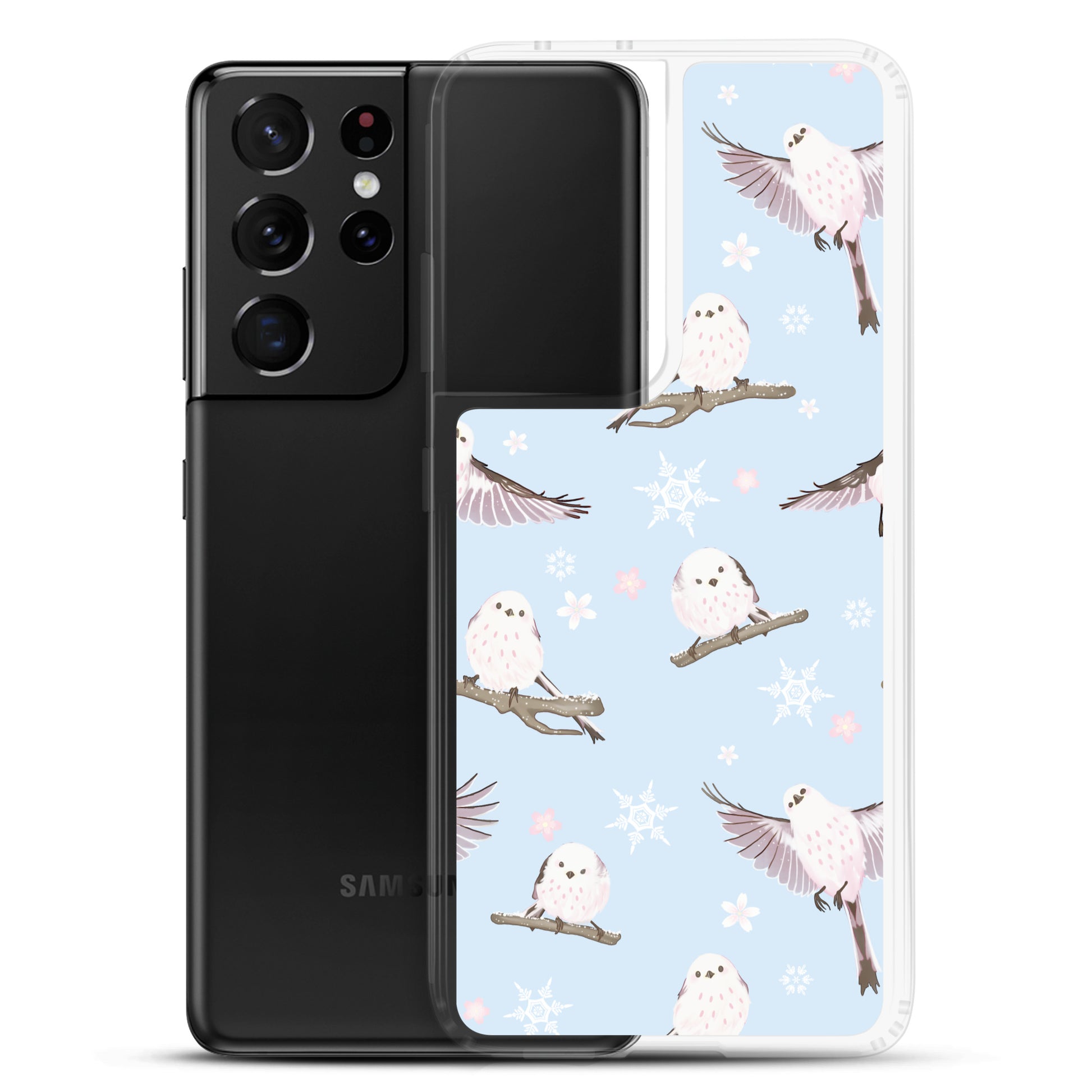 Sleek Snow Bird Samsung® Clear Case featuring pastel birds, perfect for winter outings and stylish protection.