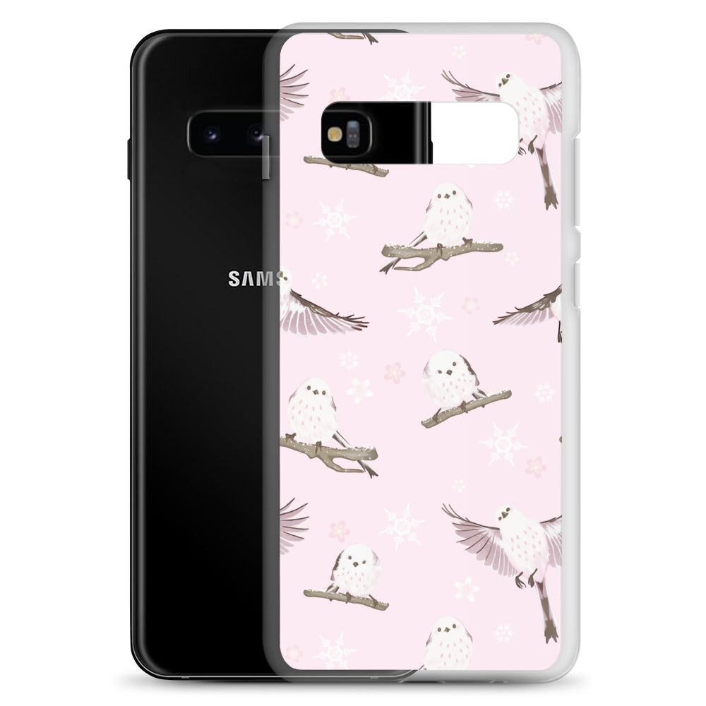 Snow Bird Samsung® Clear Case features cute pastel birds, perfect for winter outings and stylish protection for your phone.