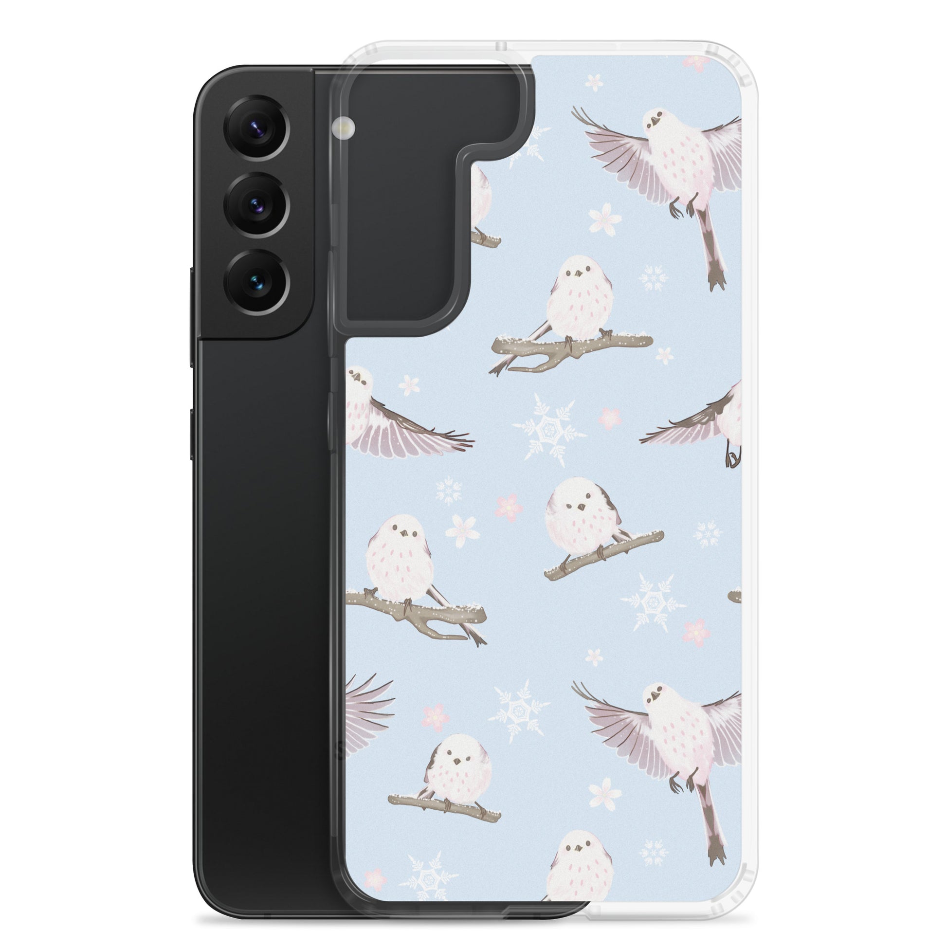 Sleek Snow Bird Samsung® Clear Case features pastel birds on a winter-themed background, perfect for festive gatherings.