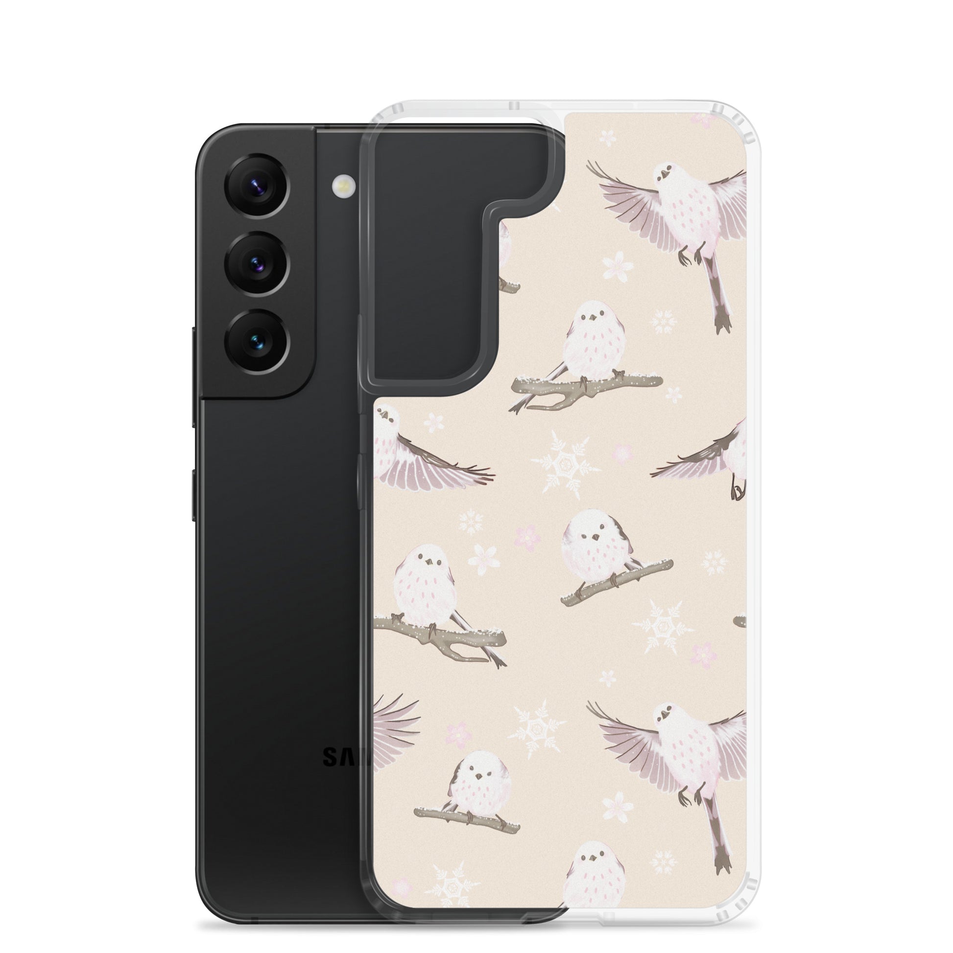 Stylish Snow Bird Samsung® Clear Case featuring cute birds on a pastel background, perfect for winter outings.