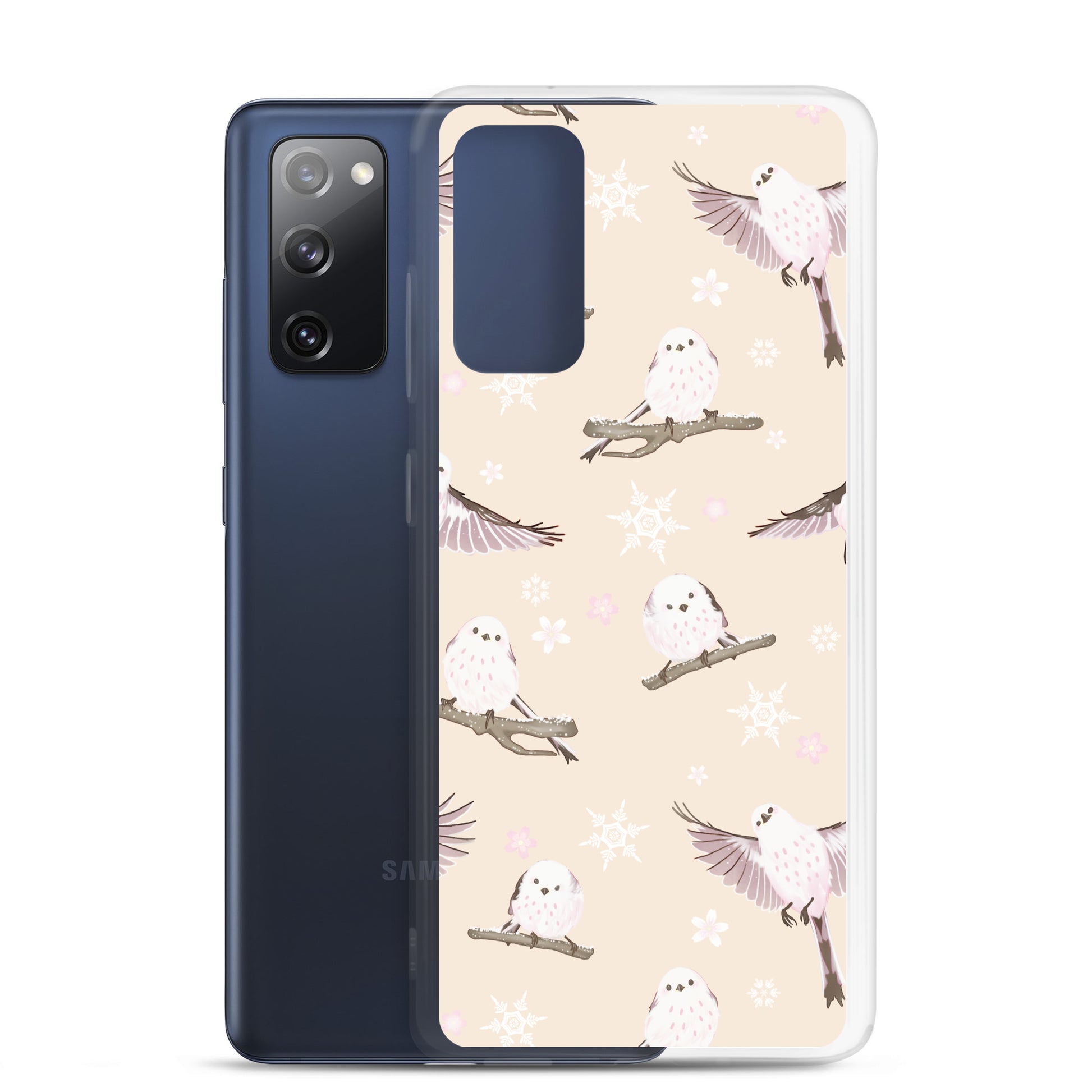 Protect your phone in style with the Snow Bird Samsung® Clear Case, featuring charming pastel birds and snowflakes.