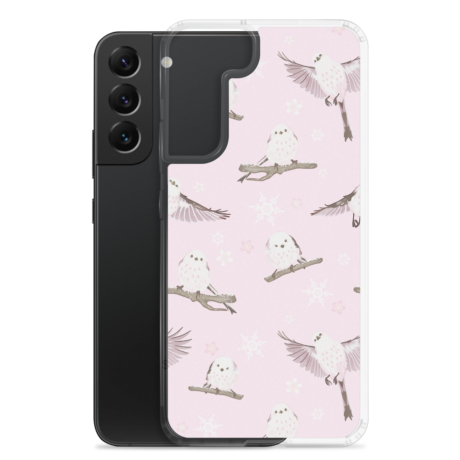 Sleek Snow Bird Samsung® Clear Case featuring adorable pastel birds, perfect for winter outings and gatherings.