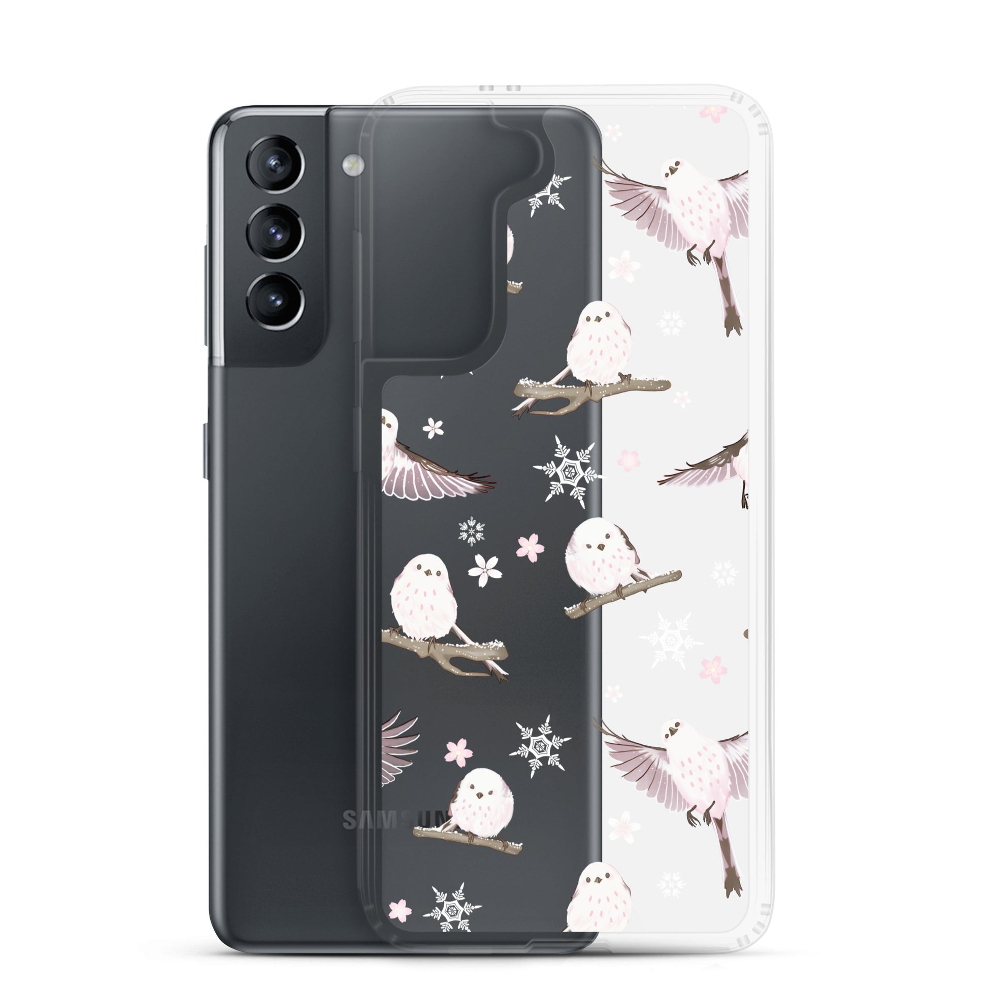 Sleek Snow Bird Samsung® Clear Case featuring pastel birds, perfect for winter outings and protecting your phone.