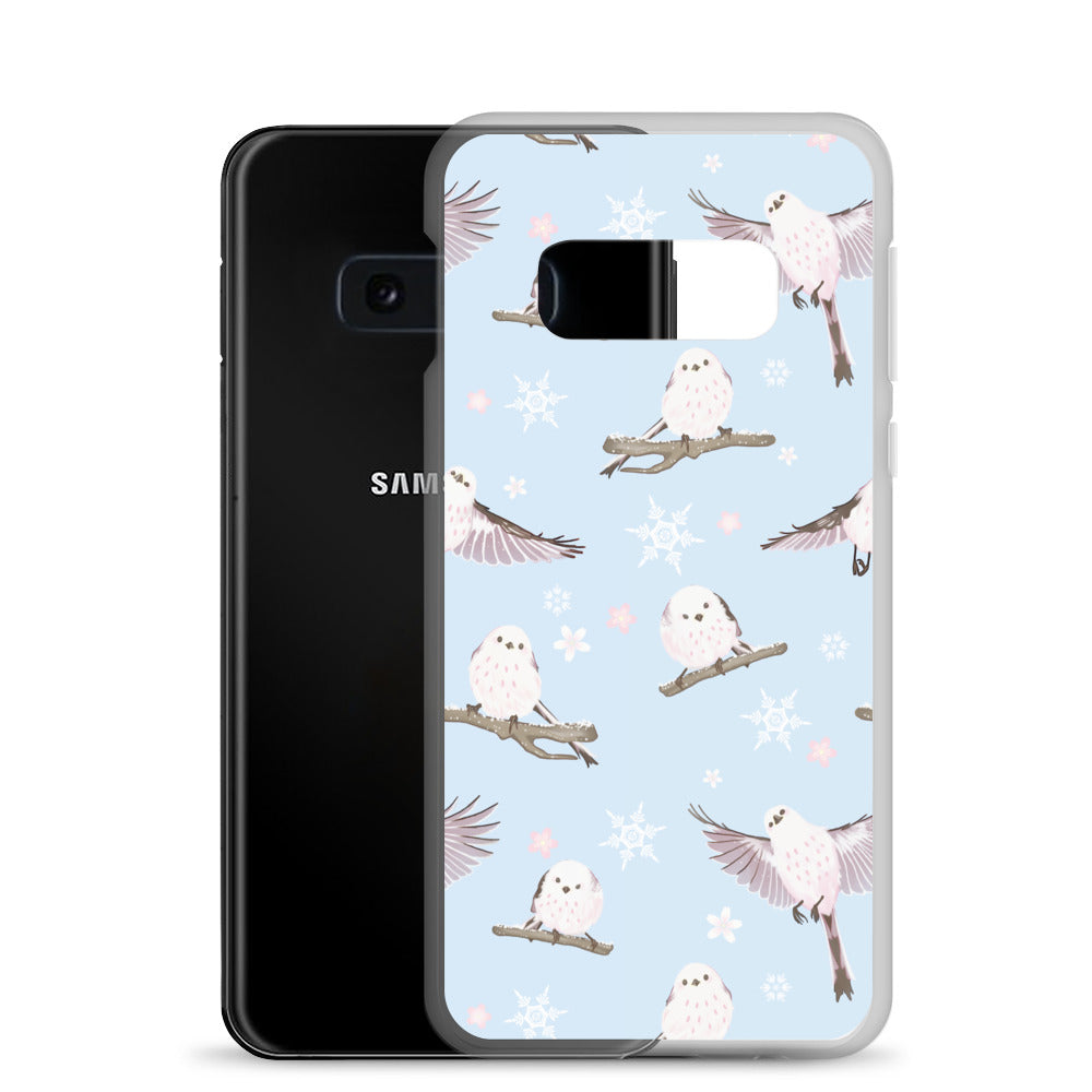 Snow Bird Samsung® Clear Case featuring pastel birds on a light blue background, perfect for winter outings.